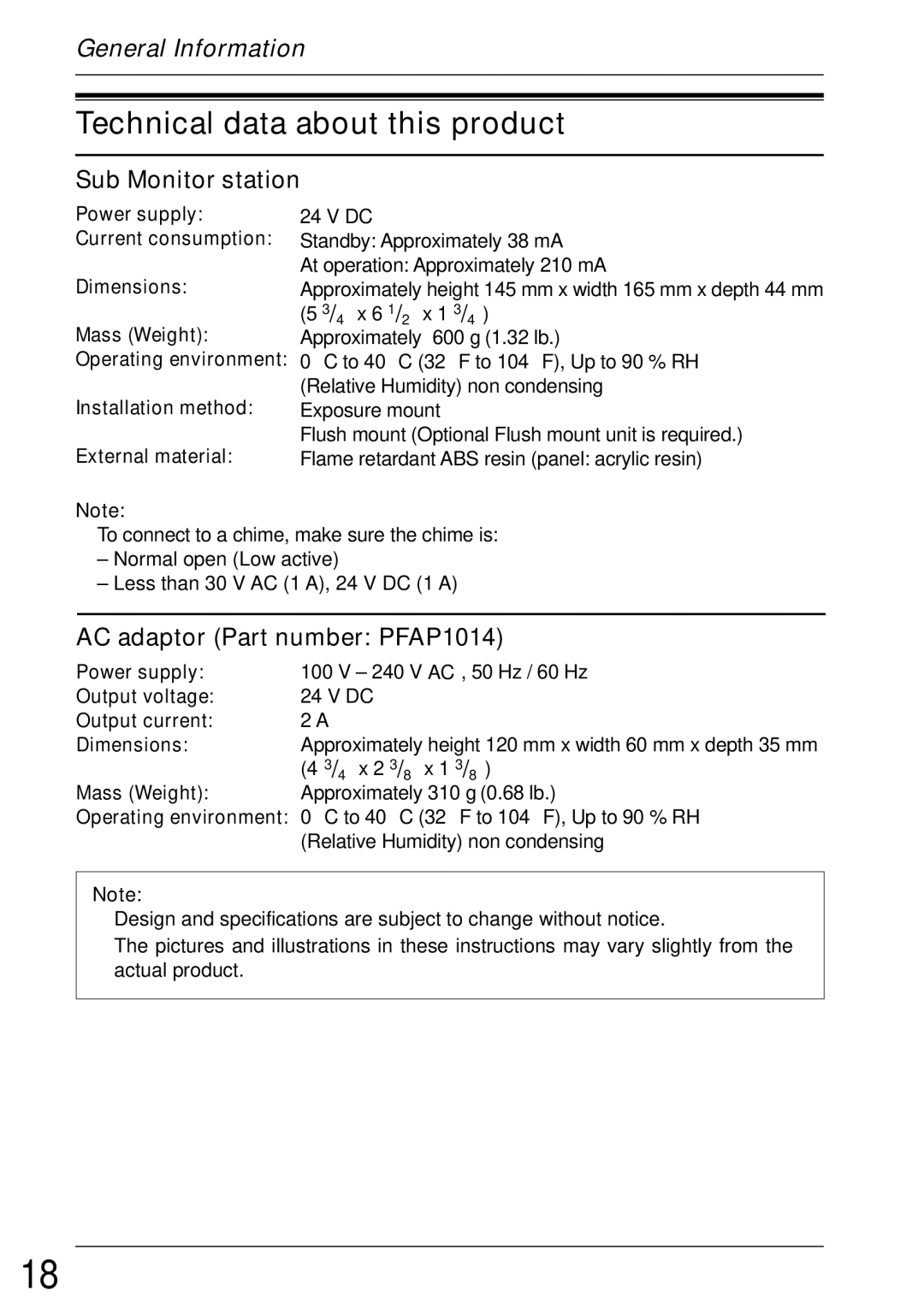 Panasonic VL-GM001 installation and operation guide Technical data about this product 