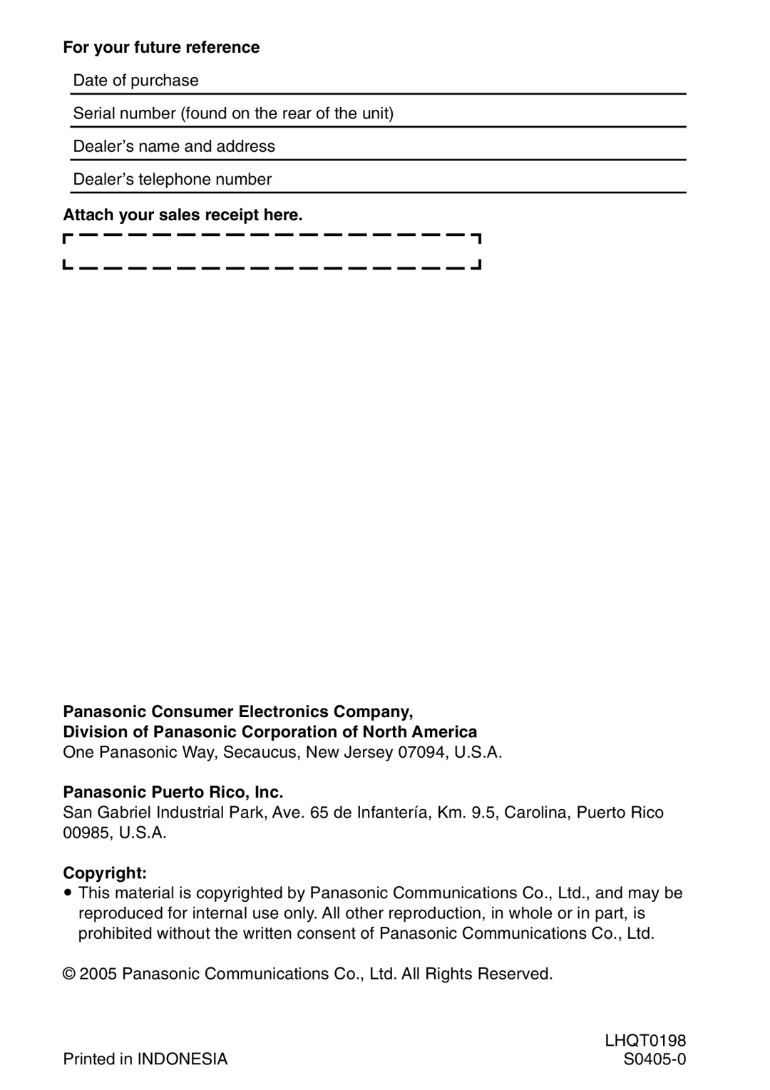 Panasonic VL-GM001 installation and operation guide For your future reference, Panasonic Puerto Rico, Inc, Copyright 