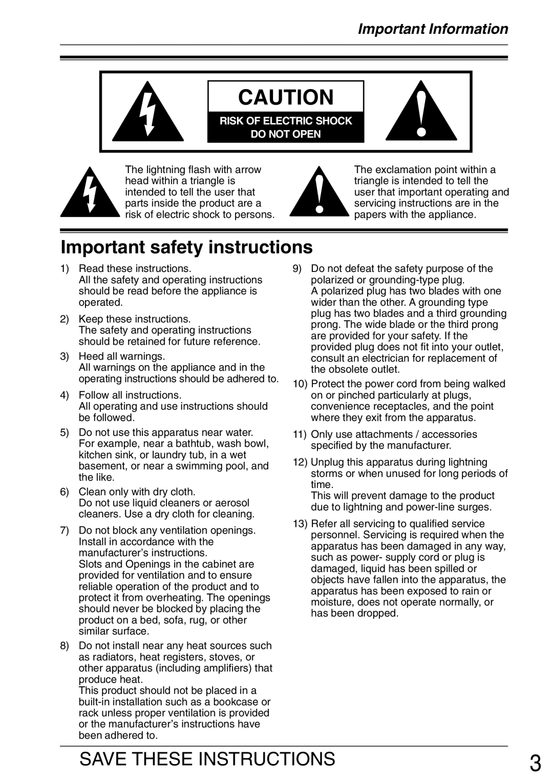 Panasonic VL-GM001 installation and operation guide Important safety instructions, Do not Open 