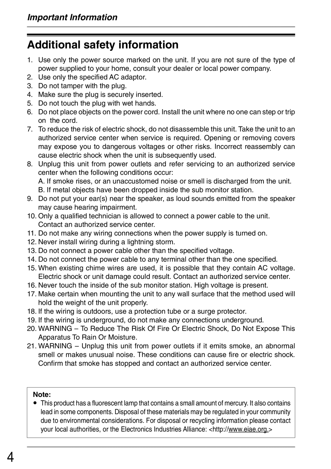 Panasonic VL-GM001 installation and operation guide Additional safety information 