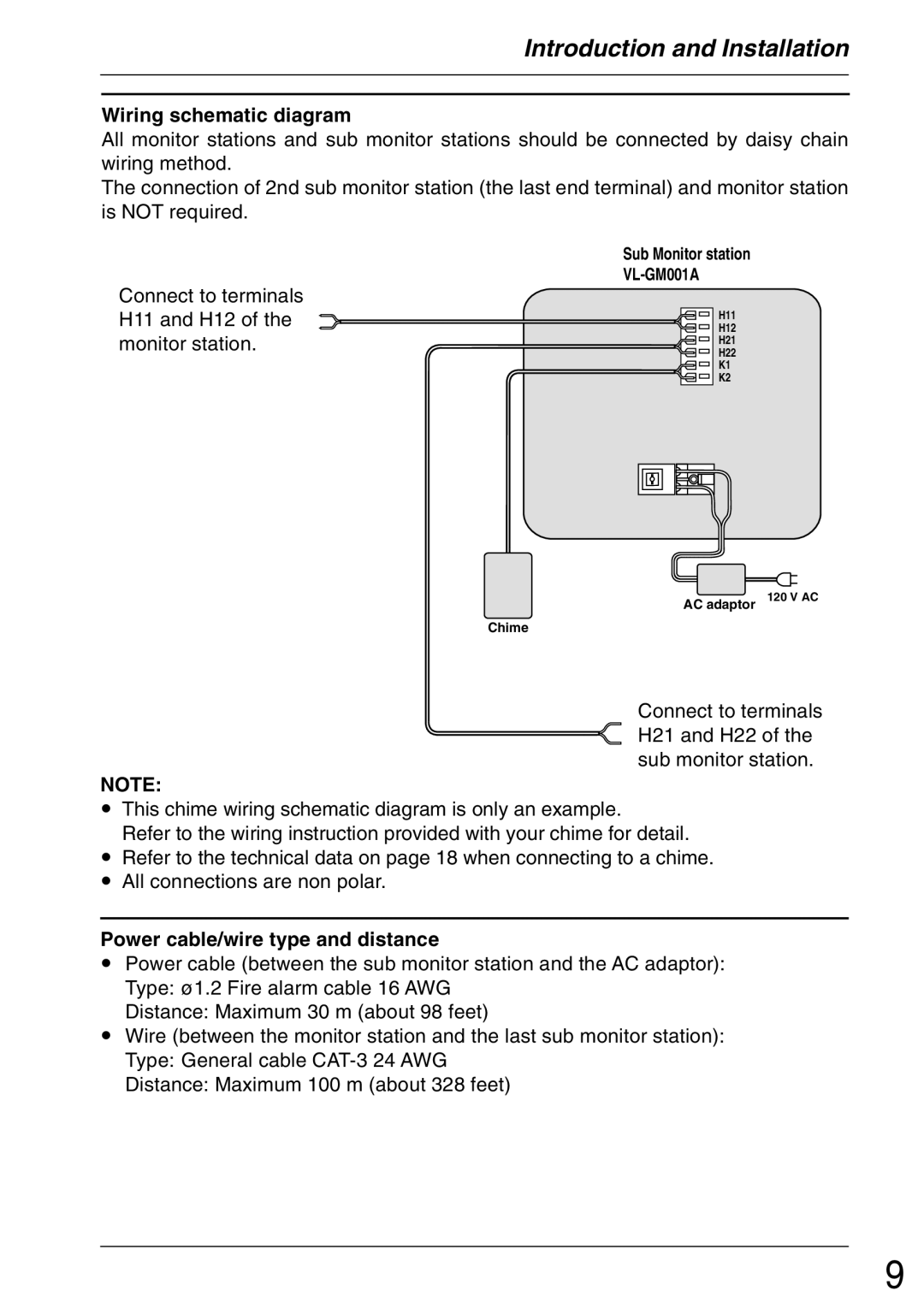 Panasonic VL-GM001 installation and operation guide Wiring schematic diagram, Power cable/wire type and distance 