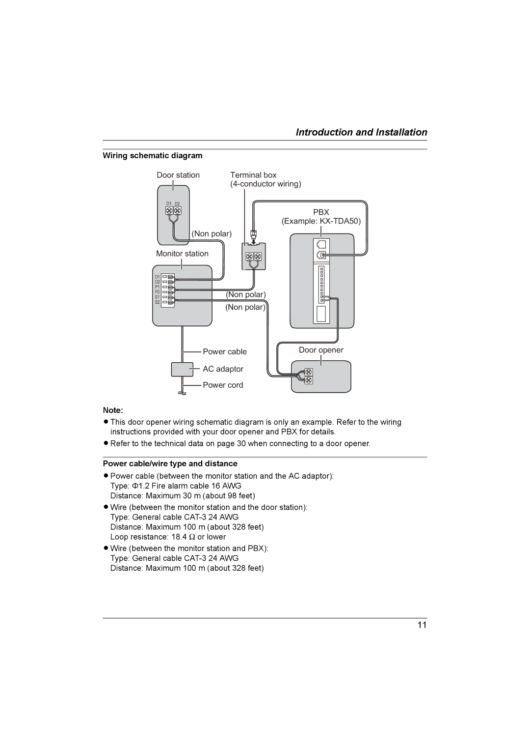 Panasonic VL-GM201A installation and operation guide Wiring schematic diagram, Power cable/wire type and distance 