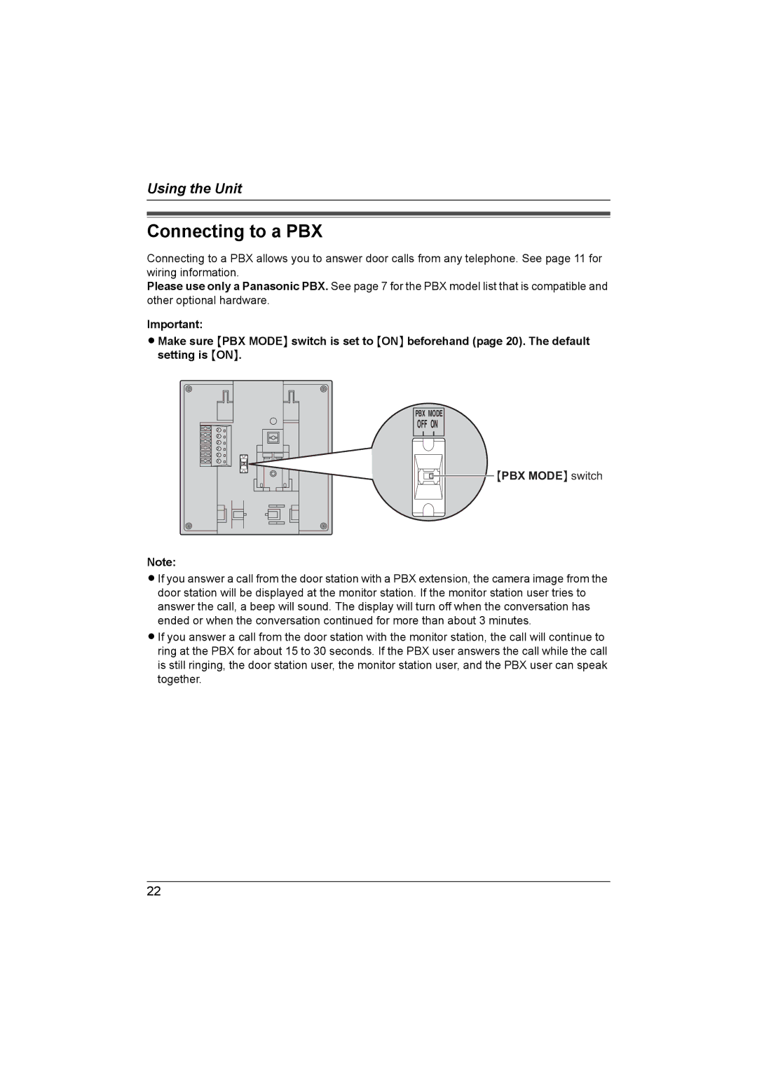 Panasonic VL-GM201A installation and operation guide Connecting to a PBX 