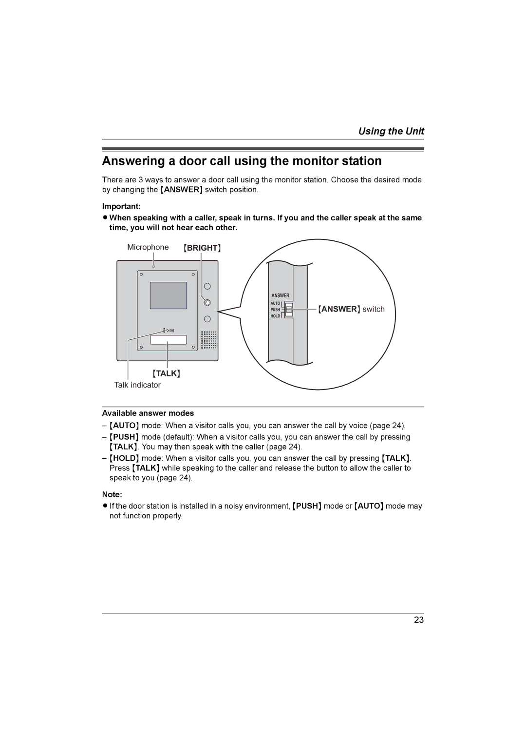 Panasonic VL-GM201A Answering a door call using the monitor station, Available answer modes 