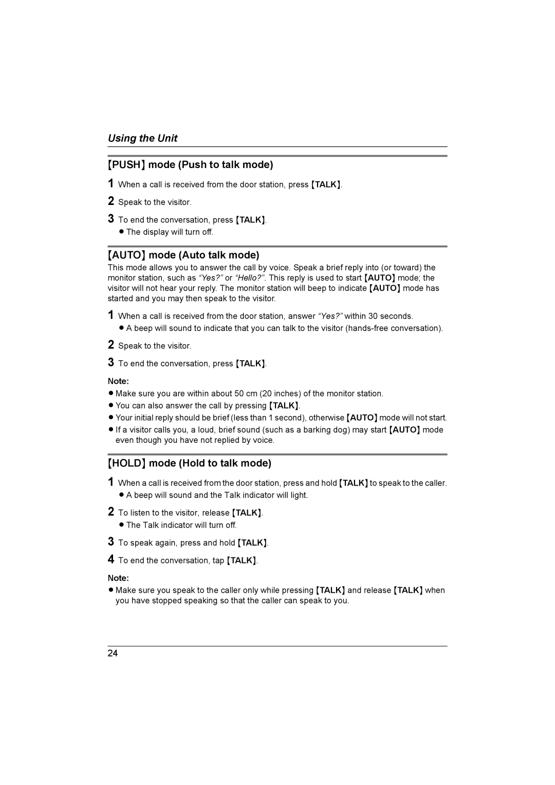 Panasonic VL-GM201A installation and operation guide Push mode Push to talk mode 