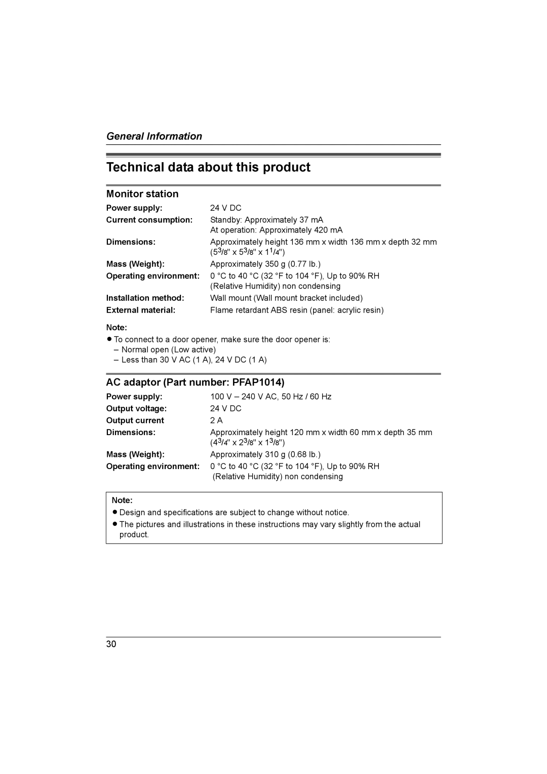 Panasonic VL-GM201A installation and operation guide Technical data about this product 