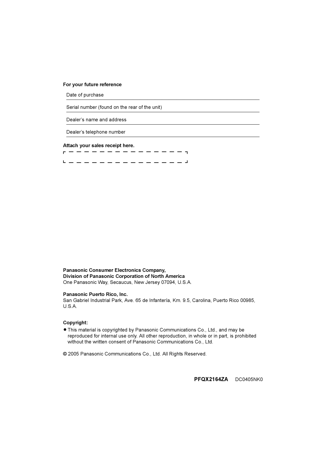 Panasonic VL-GM201A installation and operation guide For your future reference, Panasonic Puerto Rico, Inc, Copyright 