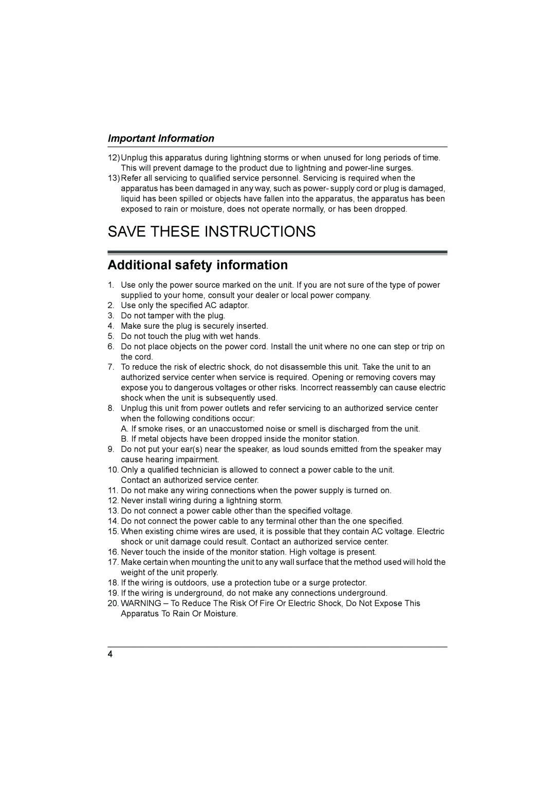 Panasonic VL-GM201A installation and operation guide Additional safety information 