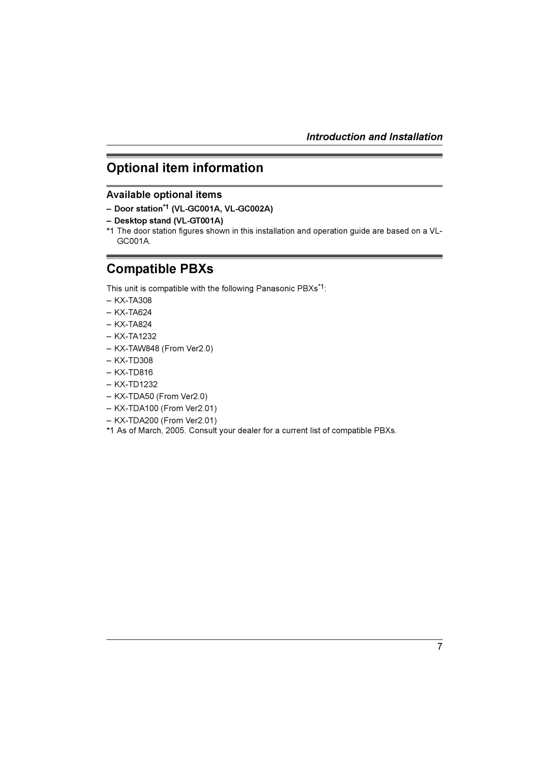 Panasonic VL-GM201A installation and operation guide Optional item information, Compatible PBXs 