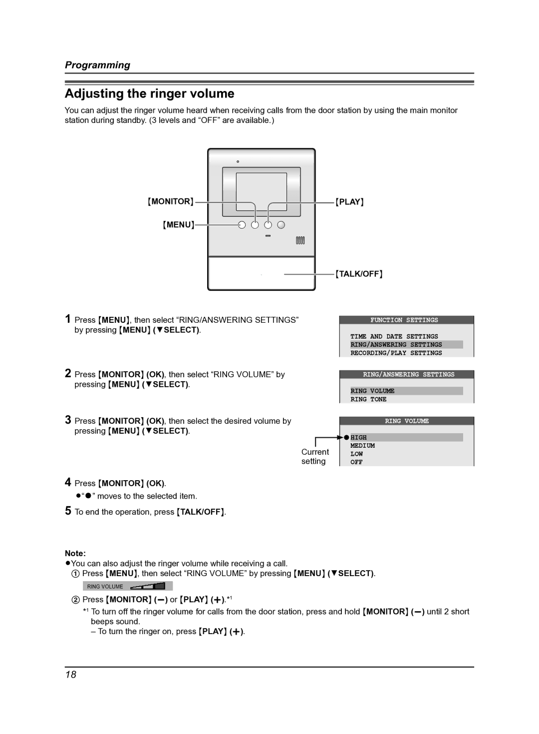 Panasonic VL-MV30BX, VL-SV30BX operating instructions Adjusting the ringer volume, Menu 