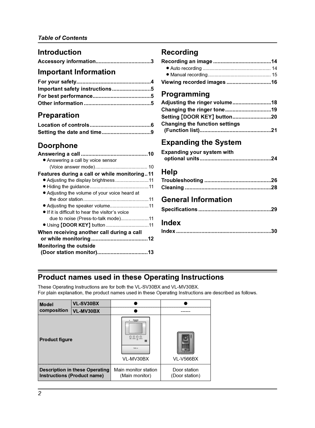 Panasonic VL-MV30BX Introduction, Important Information, Preparation, Recording, Programming, Doorphone, Help, Index 