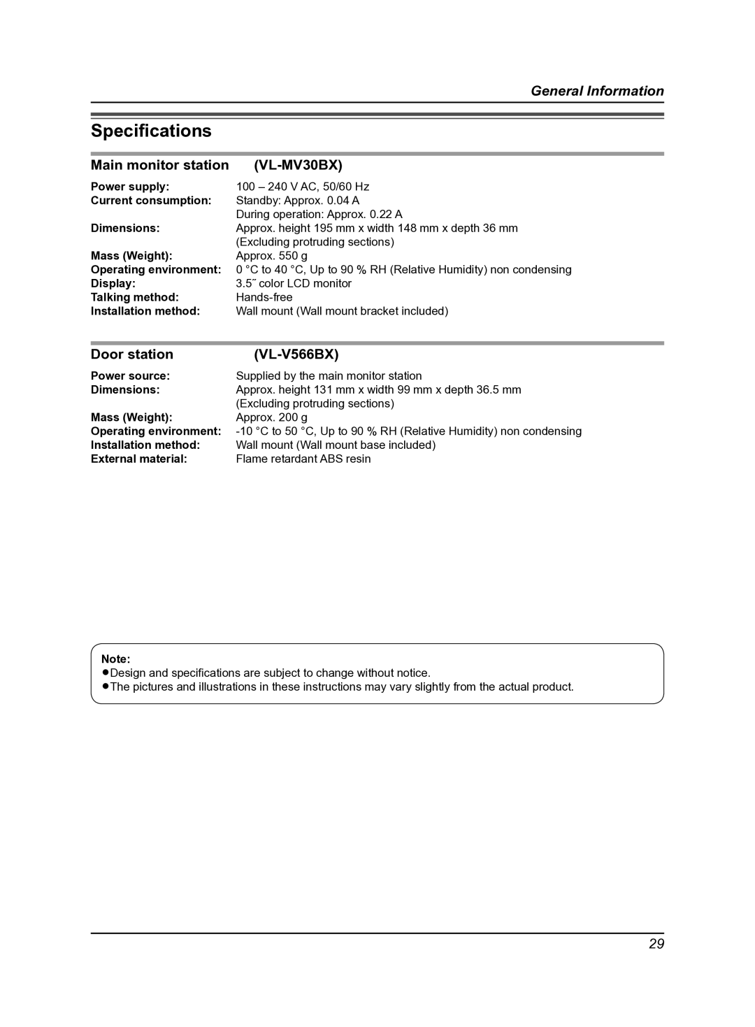 Panasonic VL-SV30BX operating instructions Speciﬁcations, Main monitor station VL-MV30BX, Door station VL-V566BX 