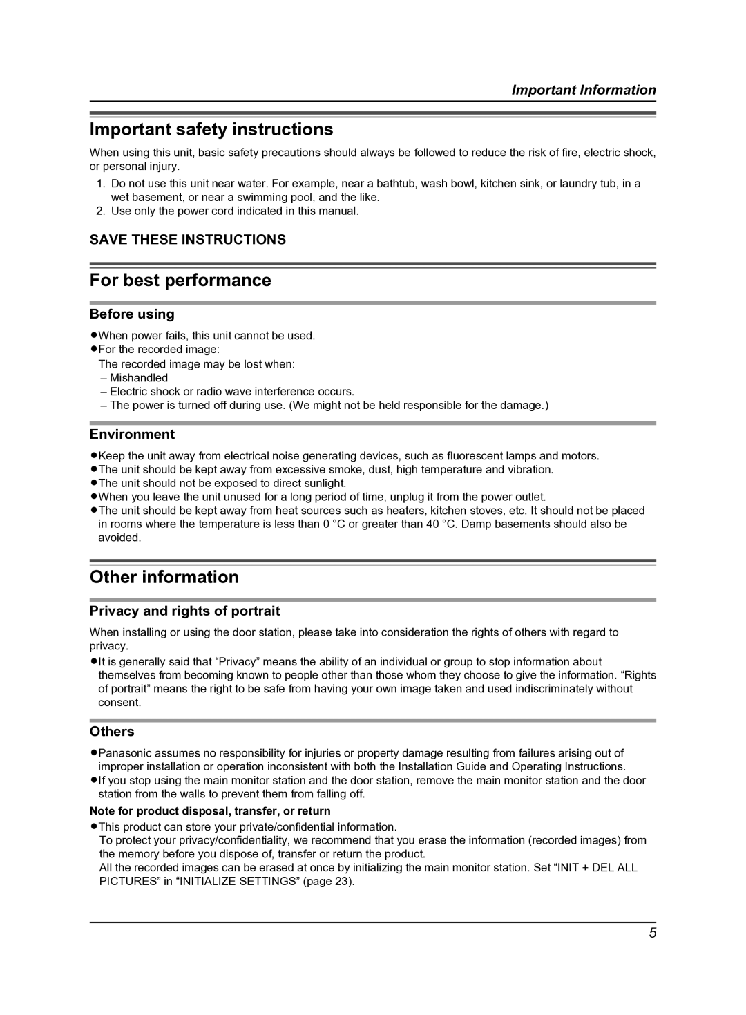 Panasonic VL-SV30BX, VL-MV30BX operating instructions Important safety instructions, For best performance, Other information 