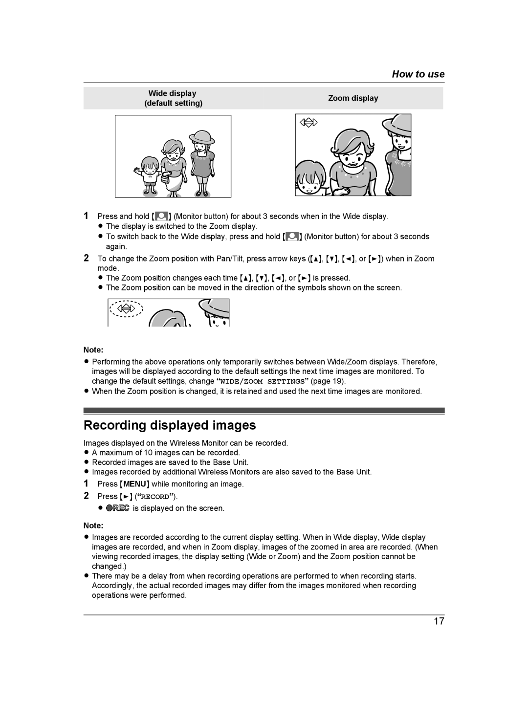 Panasonic VL-SDM200BX operating instructions Recording displayed images, Wide display Zoom display 