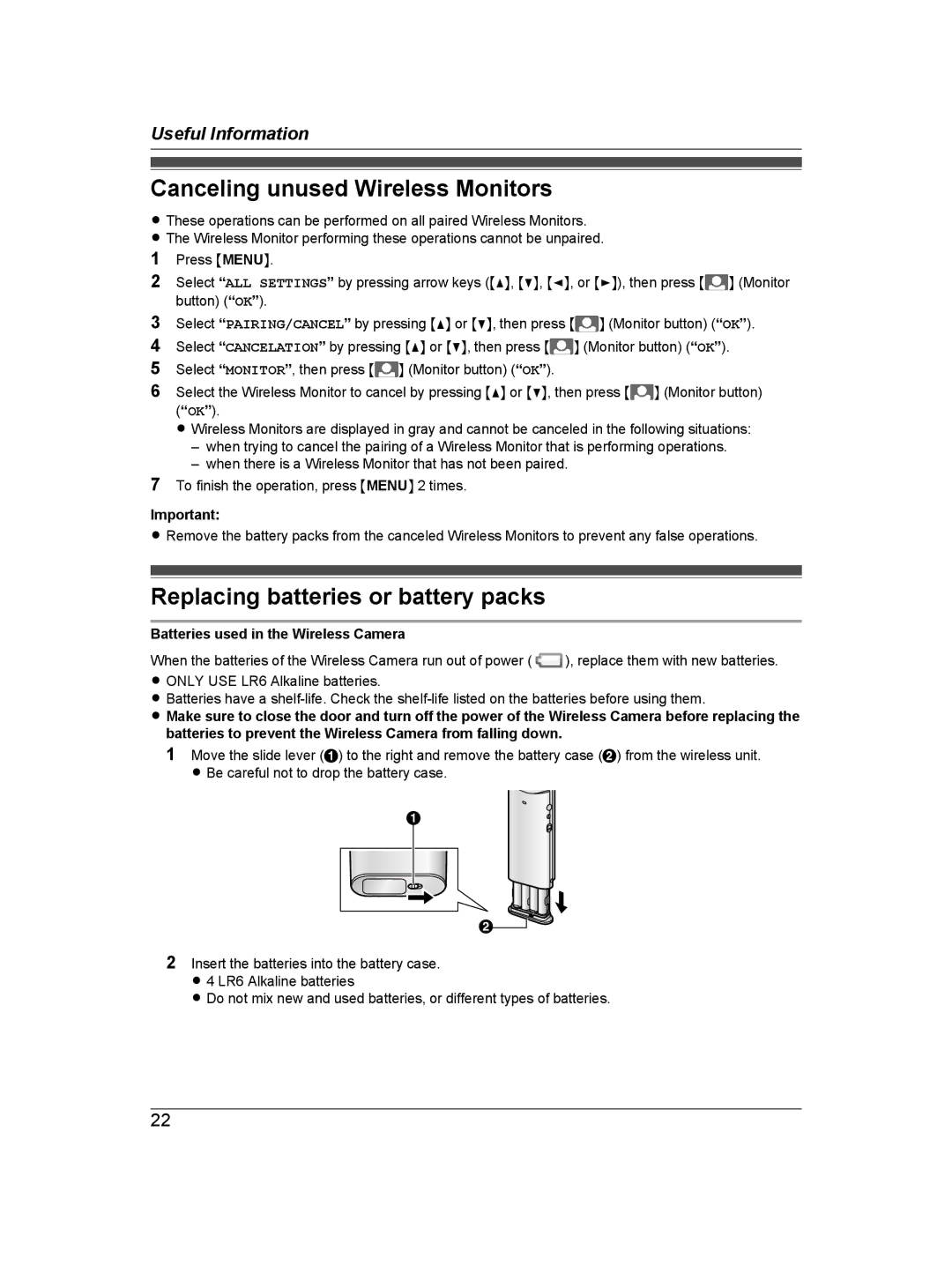 Panasonic VL-SDM200BX operating instructions Canceling unused Wireless Monitors, Replacing batteries or battery packs 