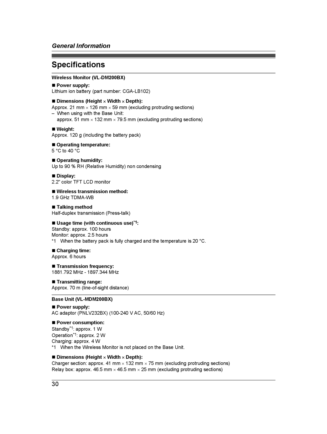 Panasonic VL-SDM200BX operating instructions Specifications 