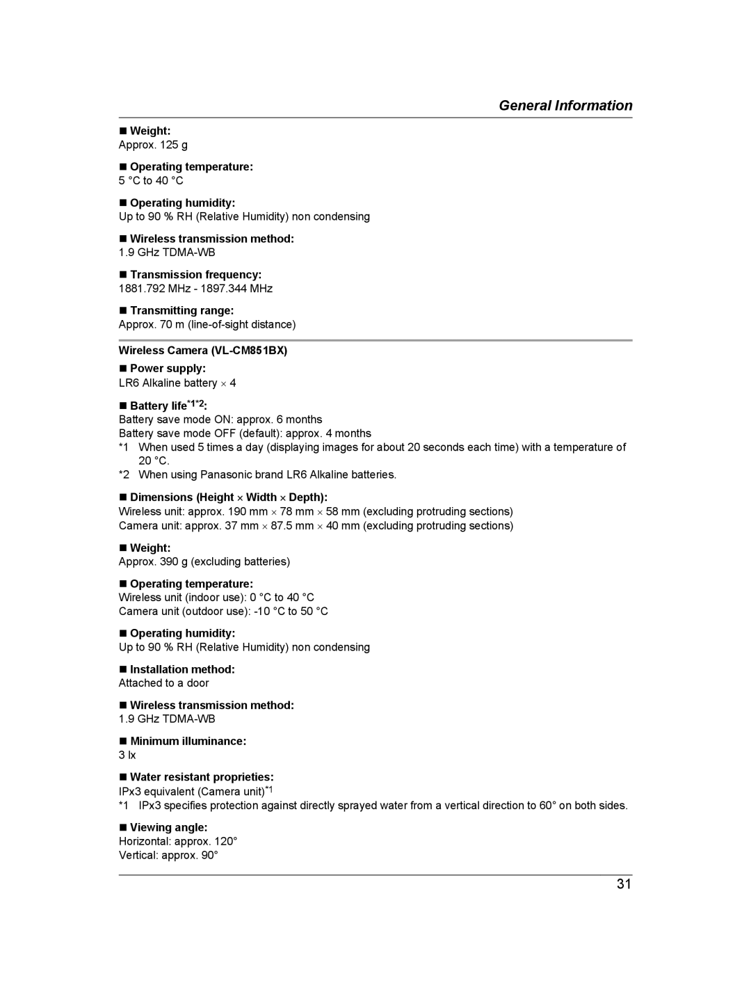 Panasonic VL-SDM200BX operating instructions Battery life*1*2, Operating temperature, Installation method 