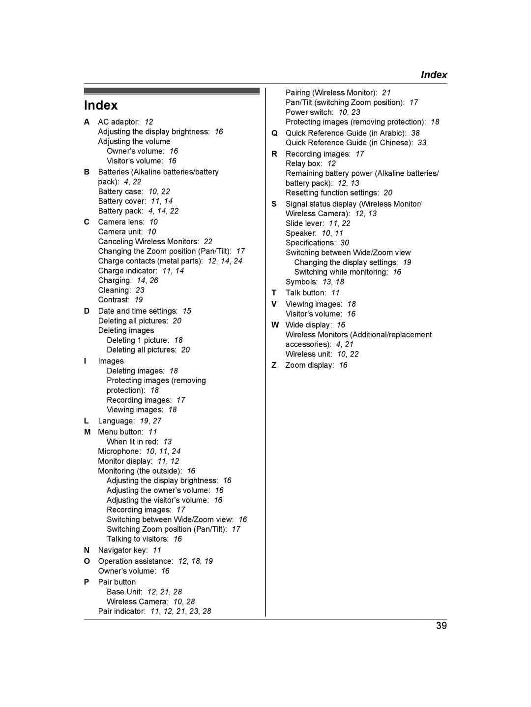 Panasonic VL-SDM200BX operating instructions Index 