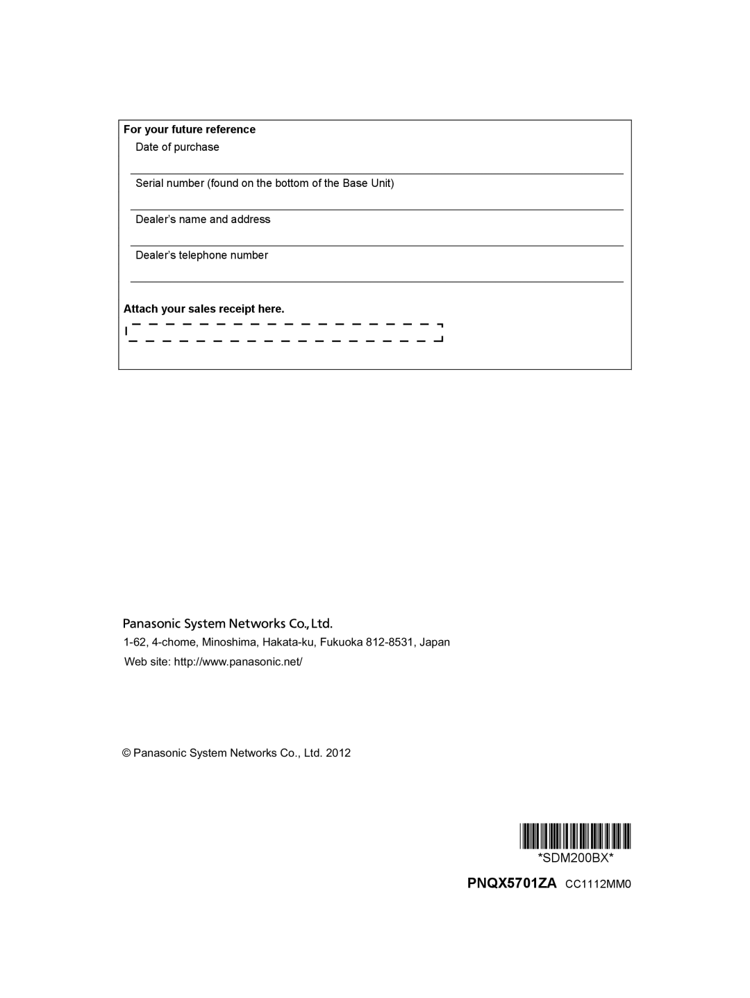 Panasonic VL-SDM200BX operating instructions For your future reference, Attach your sales receipt here 