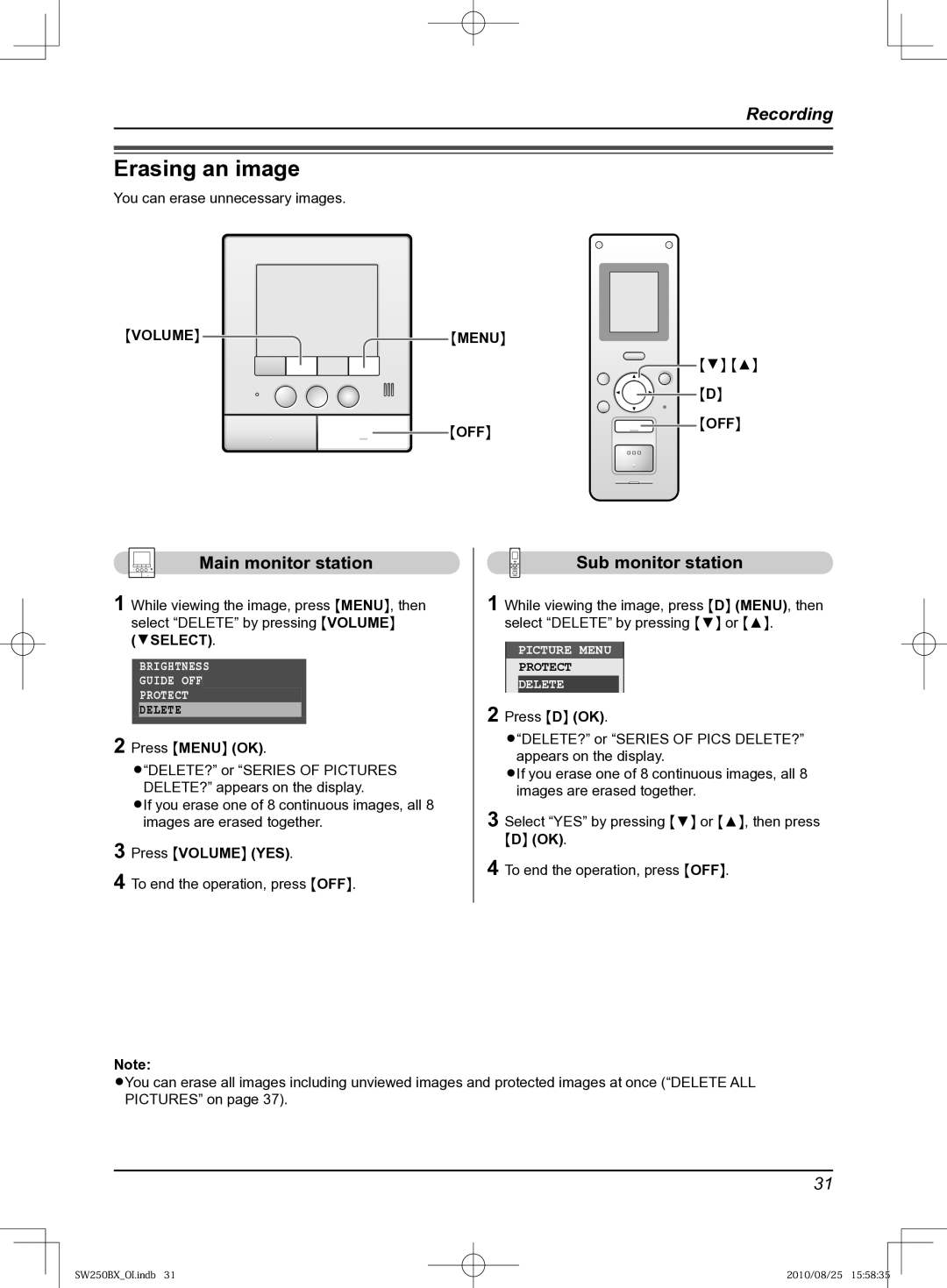 Panasonic VL-SW250BX operating instructions Erasing an image, You can erase unnecessary images, Menu OFF, Press Volume YES 