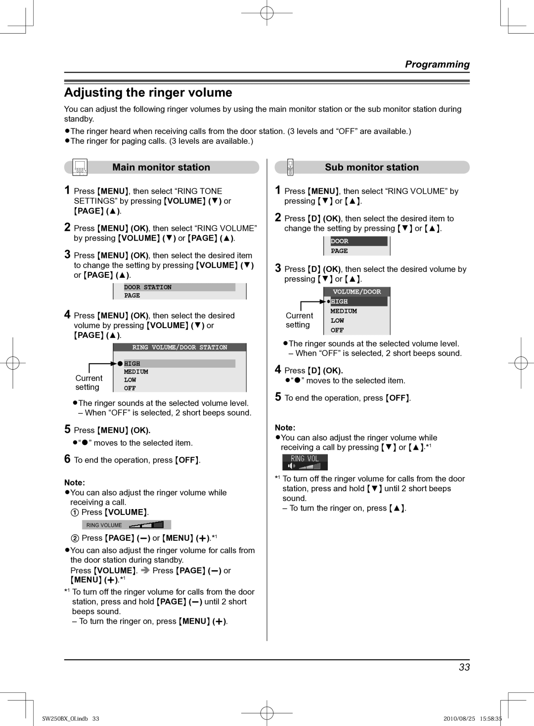 Panasonic VL-SW250BX operating instructions Adjusting the ringer volume 