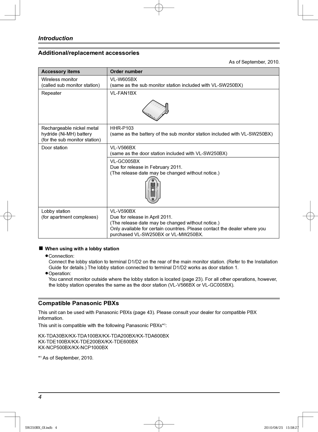 Panasonic VL-SW250BX Additional/replacement accessories, Compatible Panasonic PBXs, Accessory items Order number 