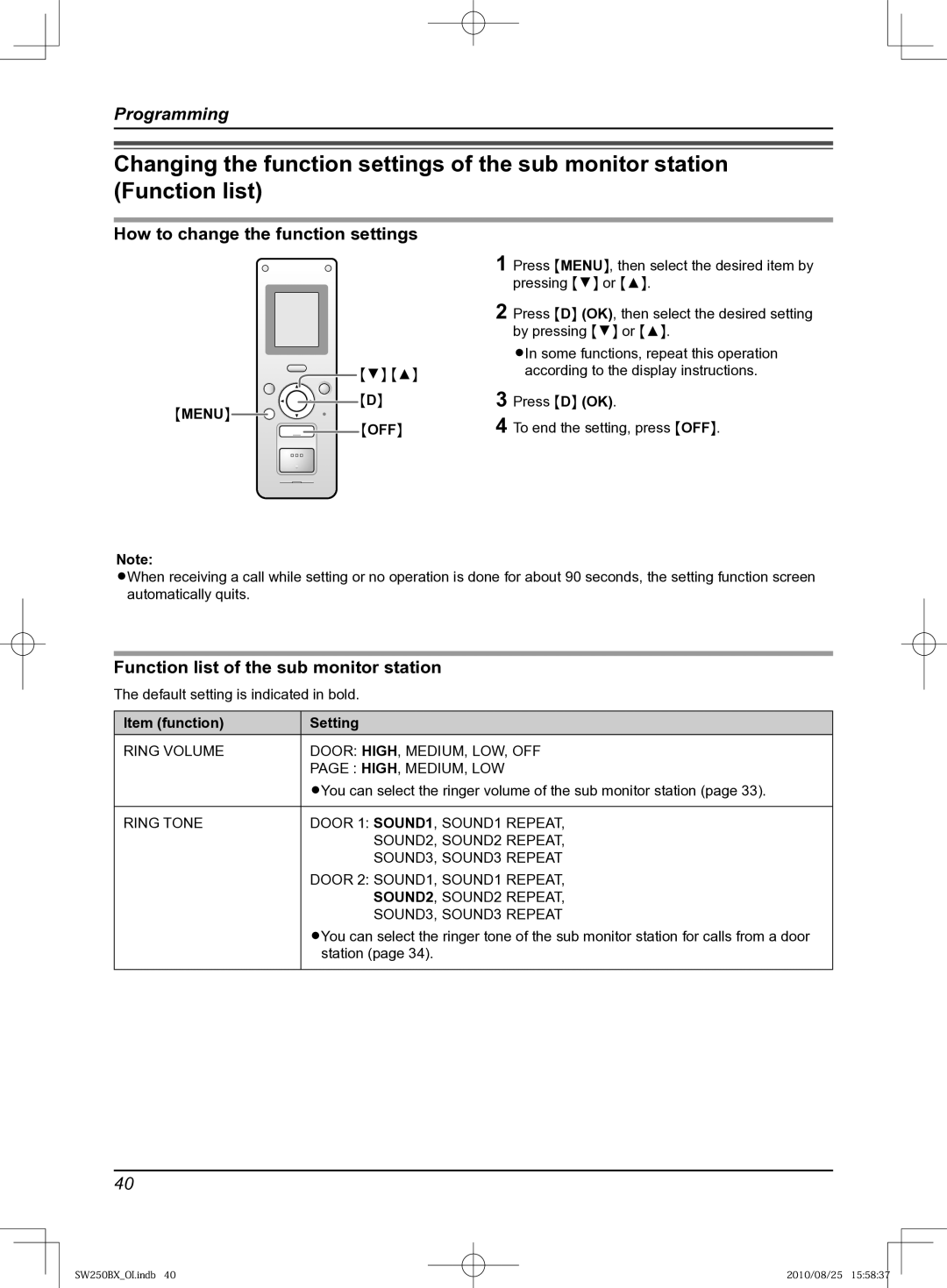 Panasonic VL-SW250BX Function list of the sub monitor station, Ring Volume Door HIGH, MEDIUM, LOW, OFF, Station 