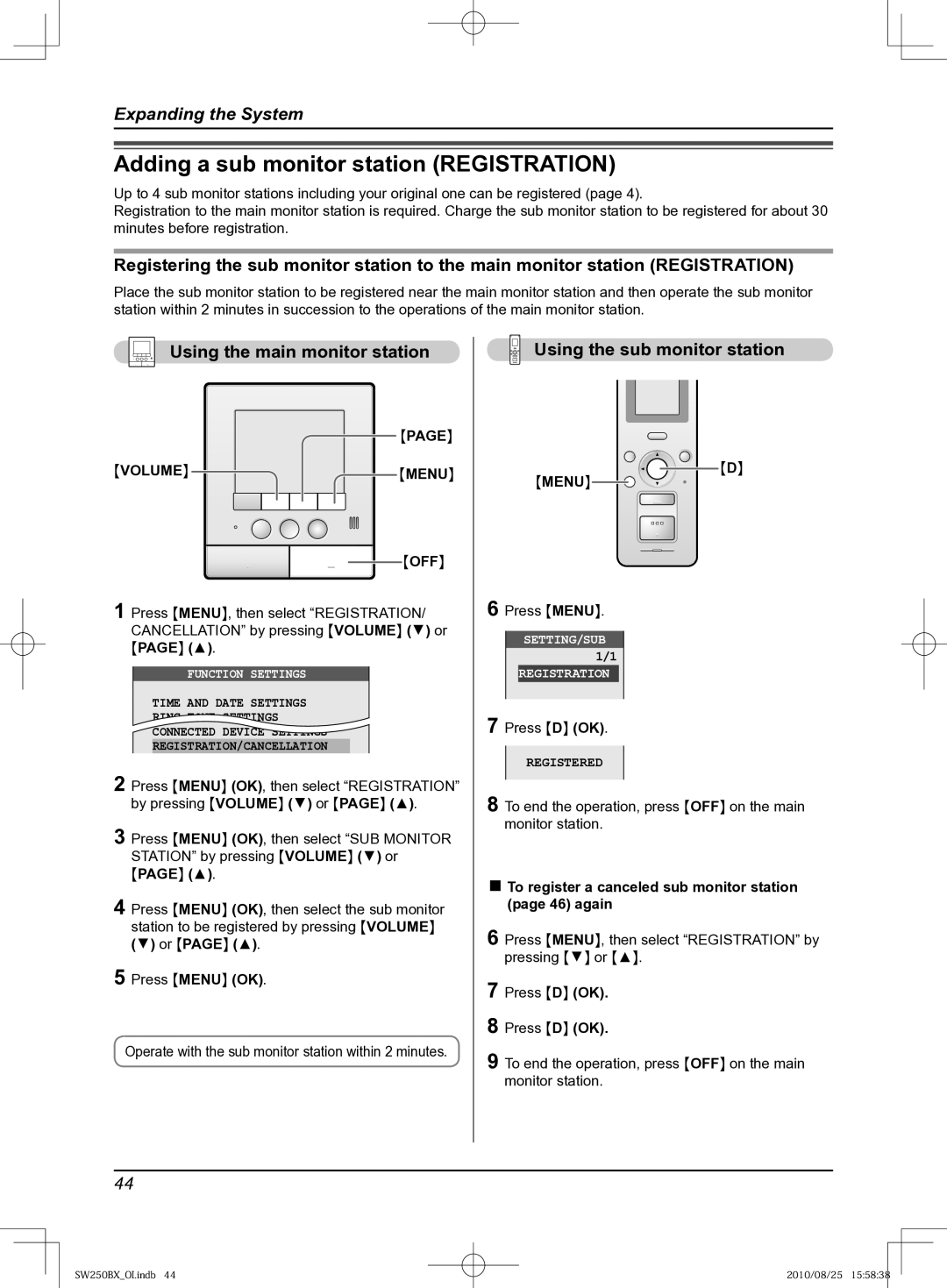 Panasonic VL-SW250BX operating instructions Adding a sub monitor station Registration, Using the main monitor station 