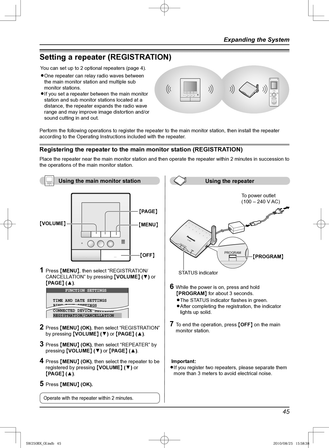 Panasonic VL-SW250BX Setting a repeater Registration, To power outlet 100 240 V AC, Program, Status indicator 