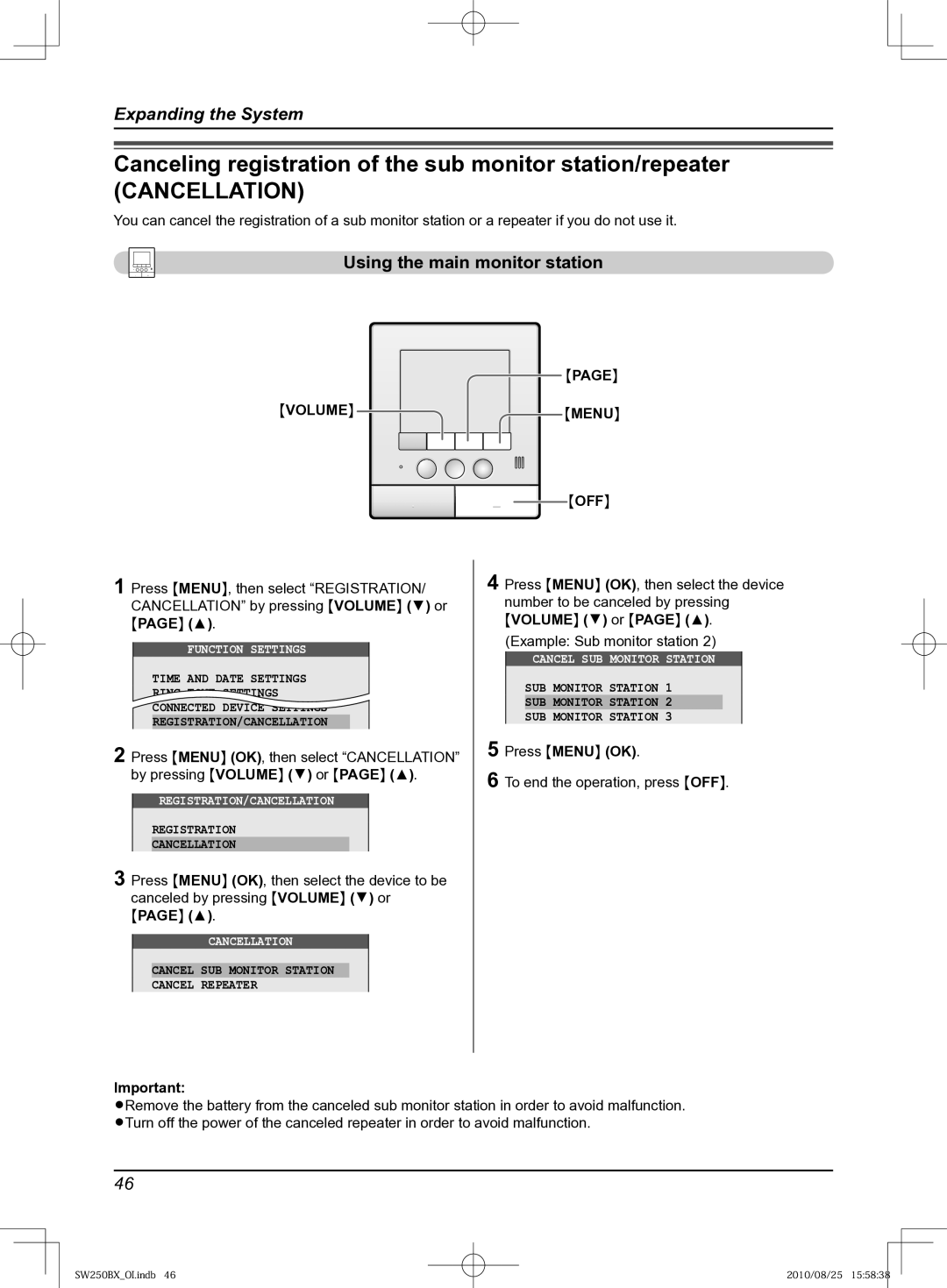 Panasonic VL-SW250BX operating instructions Canceling registration of the sub monitor station/repeater, Cancellation 