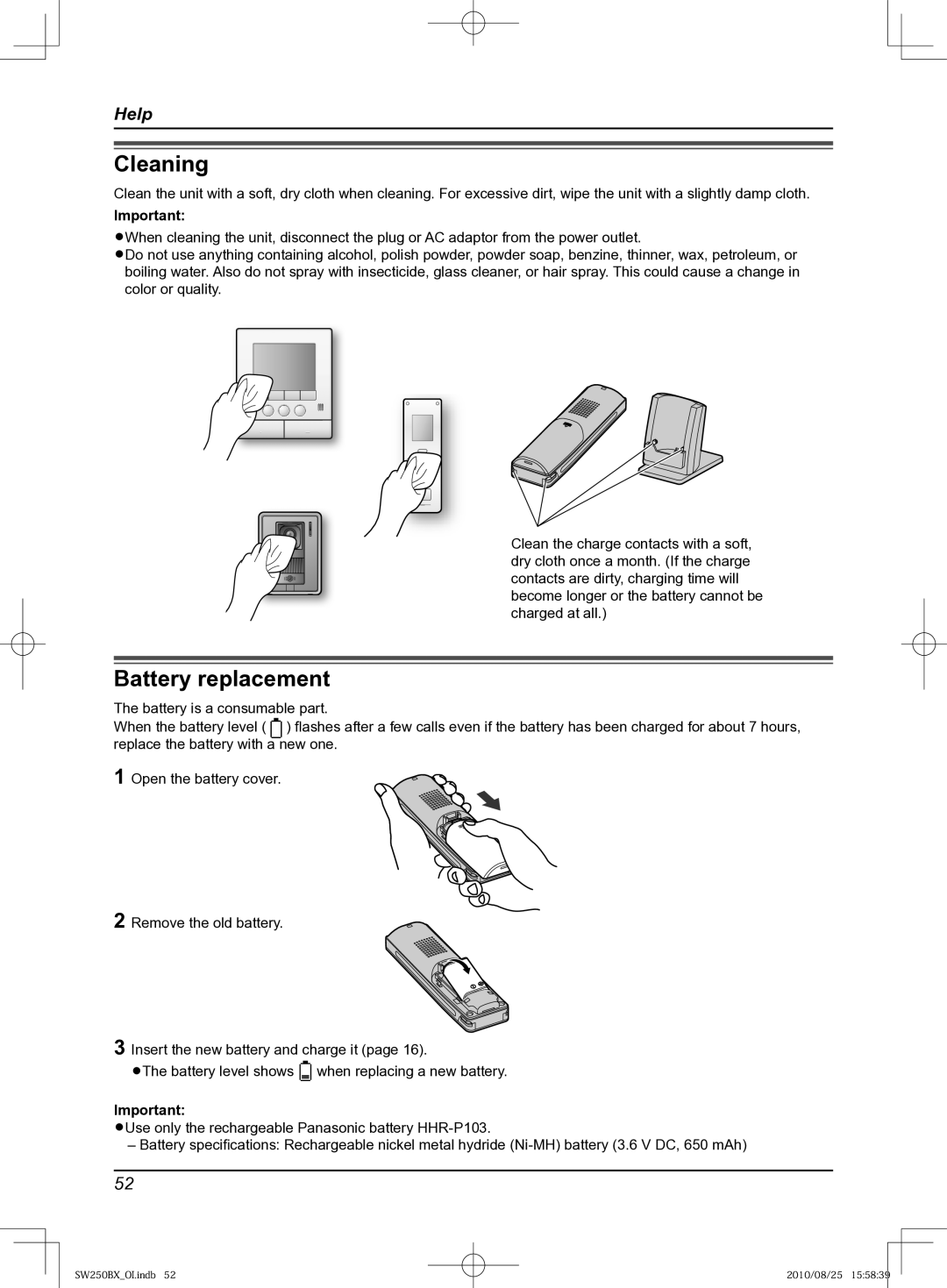 Panasonic VL-SW250BX operating instructions Cleaning, Battery replacement 