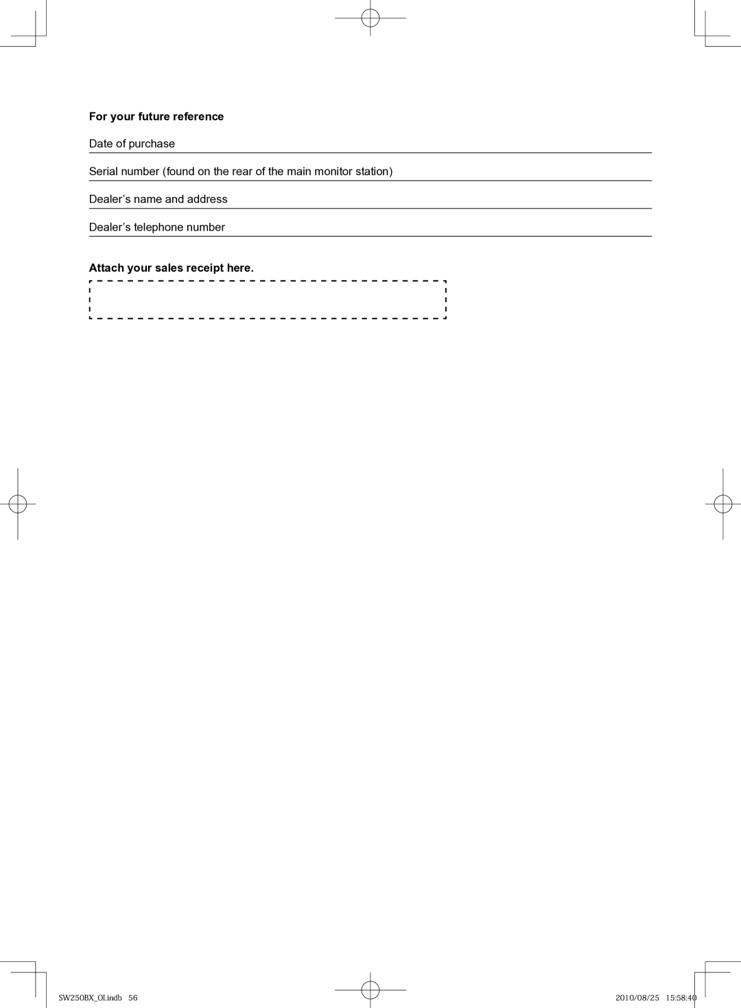 Panasonic VL-SW250BX operating instructions For your future reference, Attach your sales receipt here 