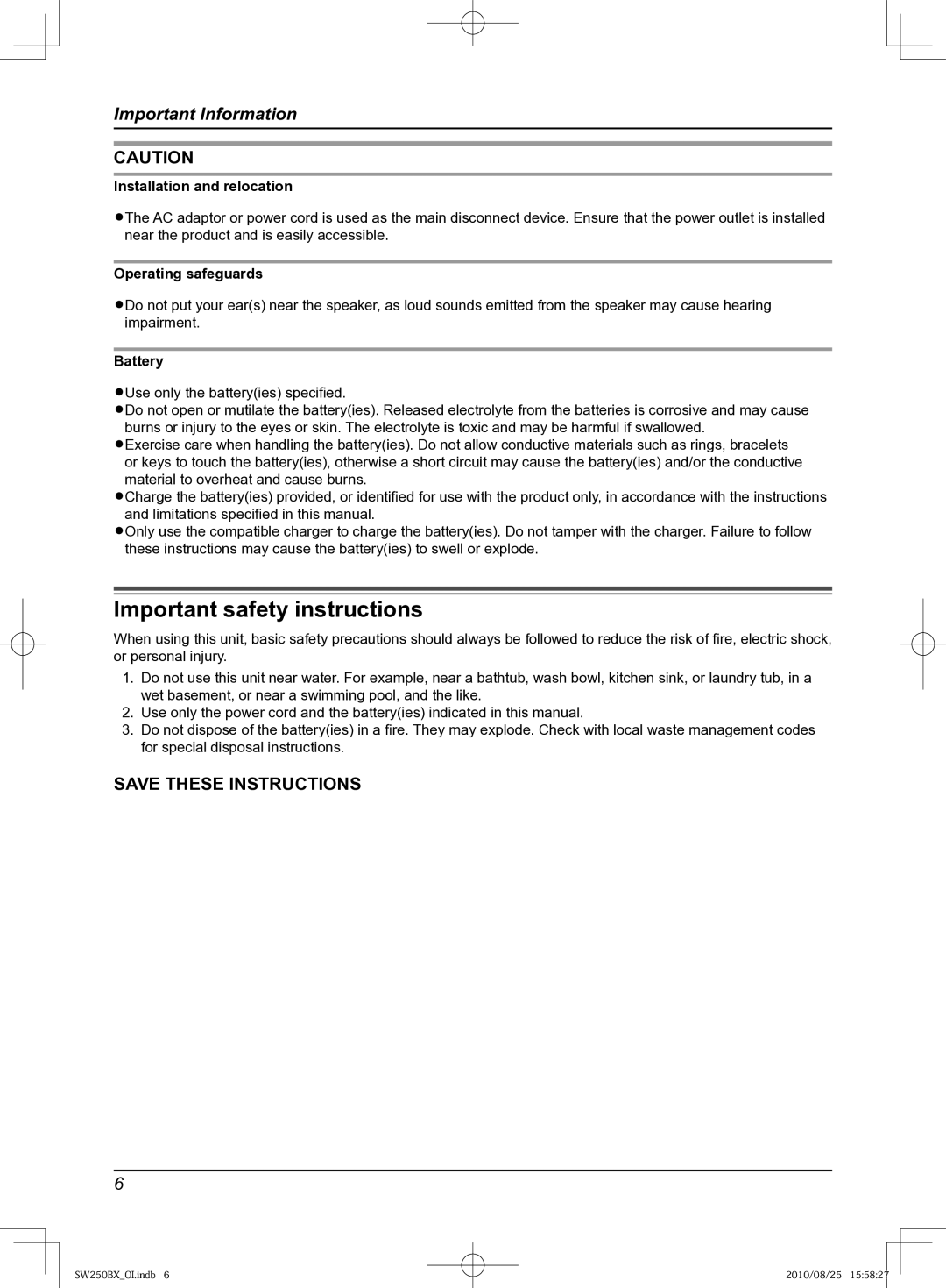 Panasonic VL-SW250BX operating instructions Important safety instructions, Installation and relocation, Battery 