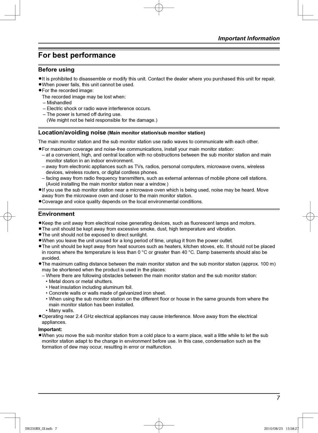 Panasonic VL-SW250BX operating instructions For best performance, Before using, Environment 