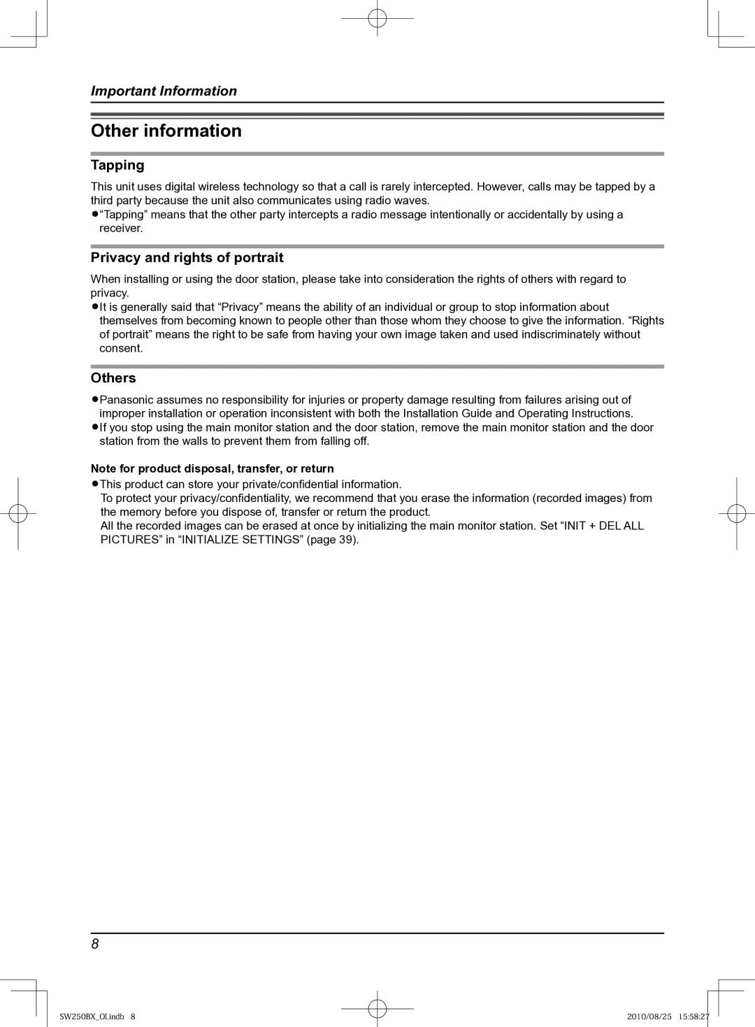 Panasonic VL-SW250BX operating instructions Other information, Tapping, Privacy and rights of portrait, Others 