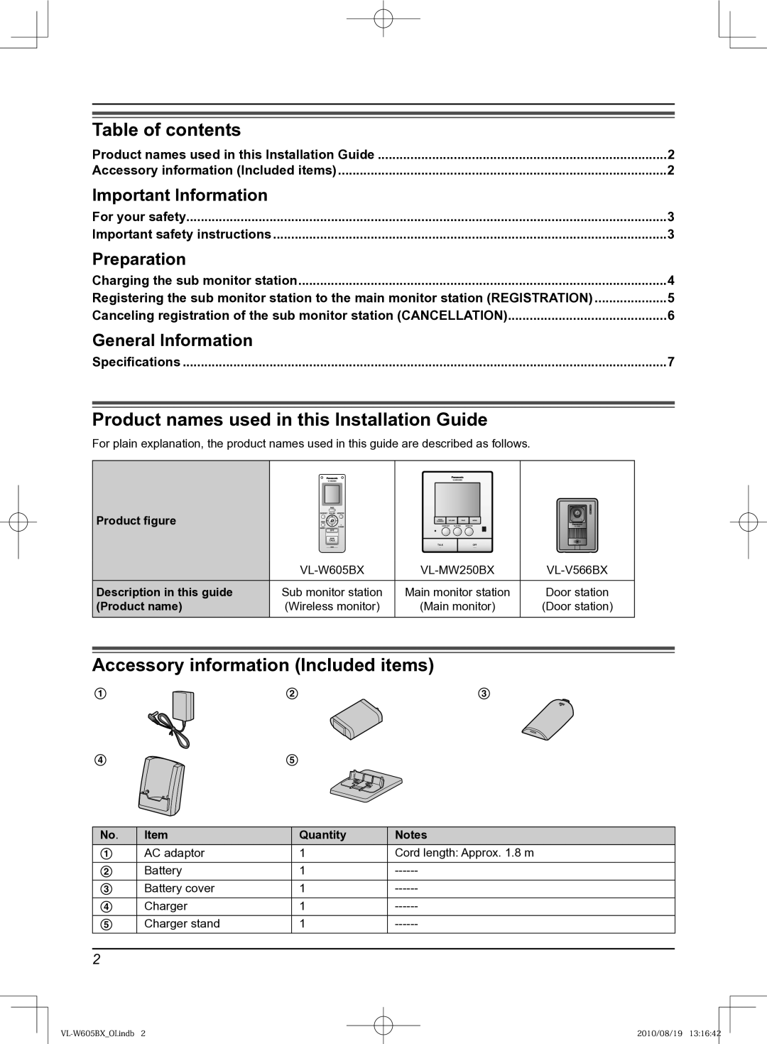 Panasonic VL-W605BX Table of contents, Product names used in this Installation Guide, Accessory information Included items 