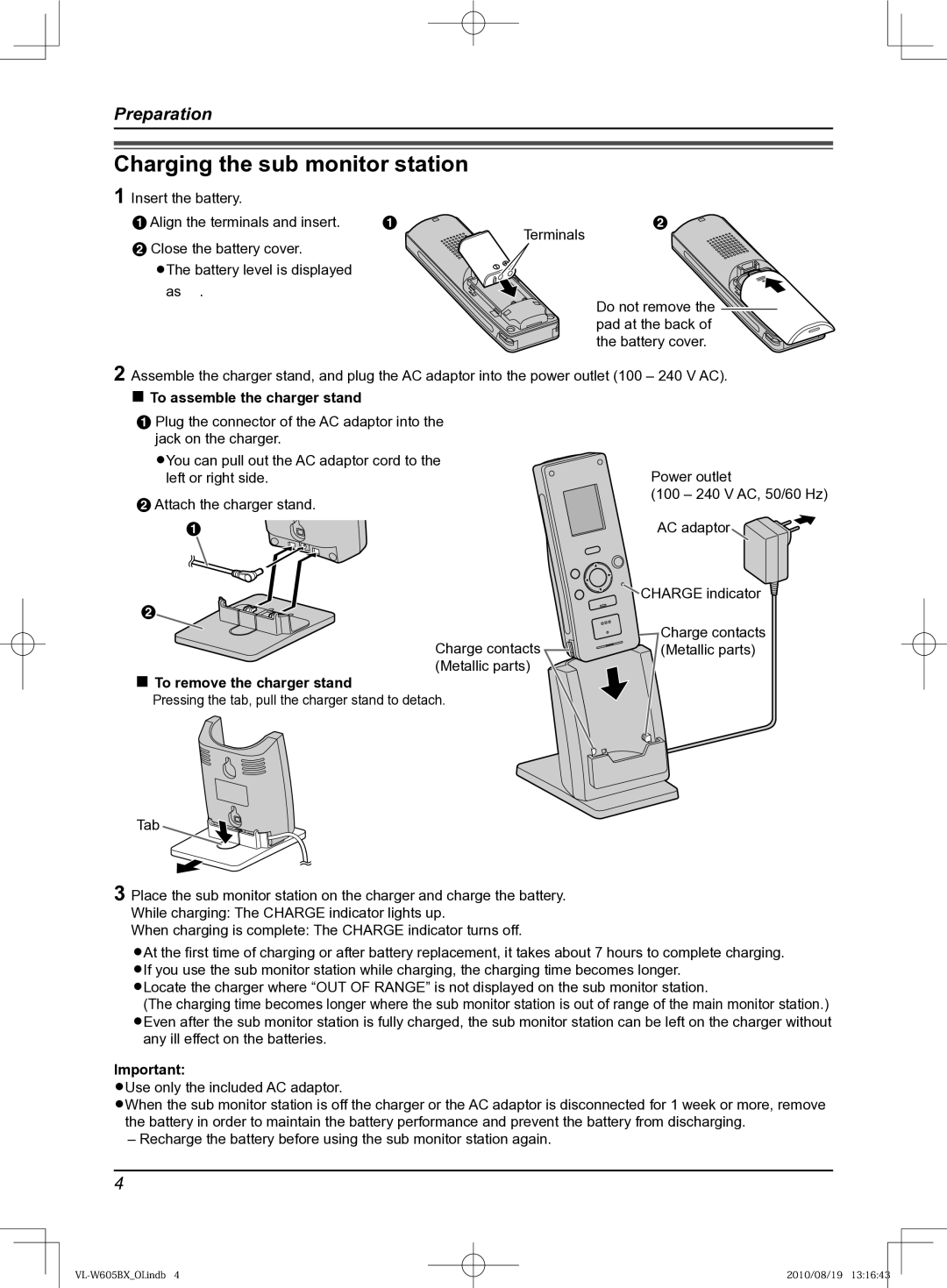 Panasonic VL-W605BX Charging the sub monitor station, To assemble the charger stand, To remove the charger stand 