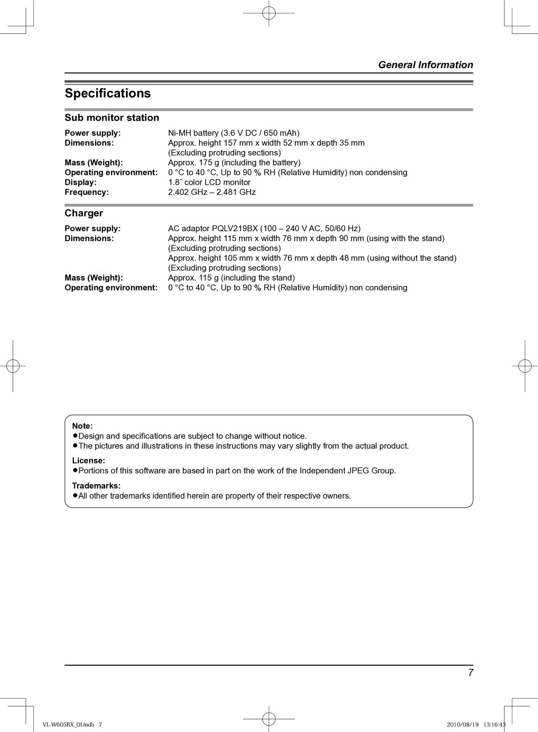 Panasonic VL-W605BX operating instructions Speciﬁcations, Sub monitor station, Charger 