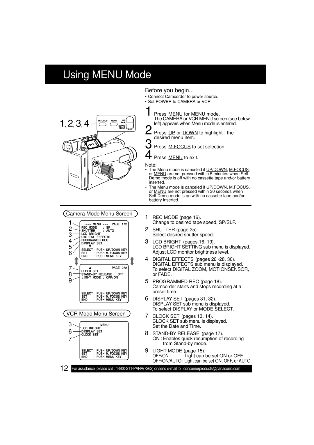 Panasonic VM-L153 operating instructions Using Menu Mode, Camera Mode Menu Screen VCR Mode Menu Screen 