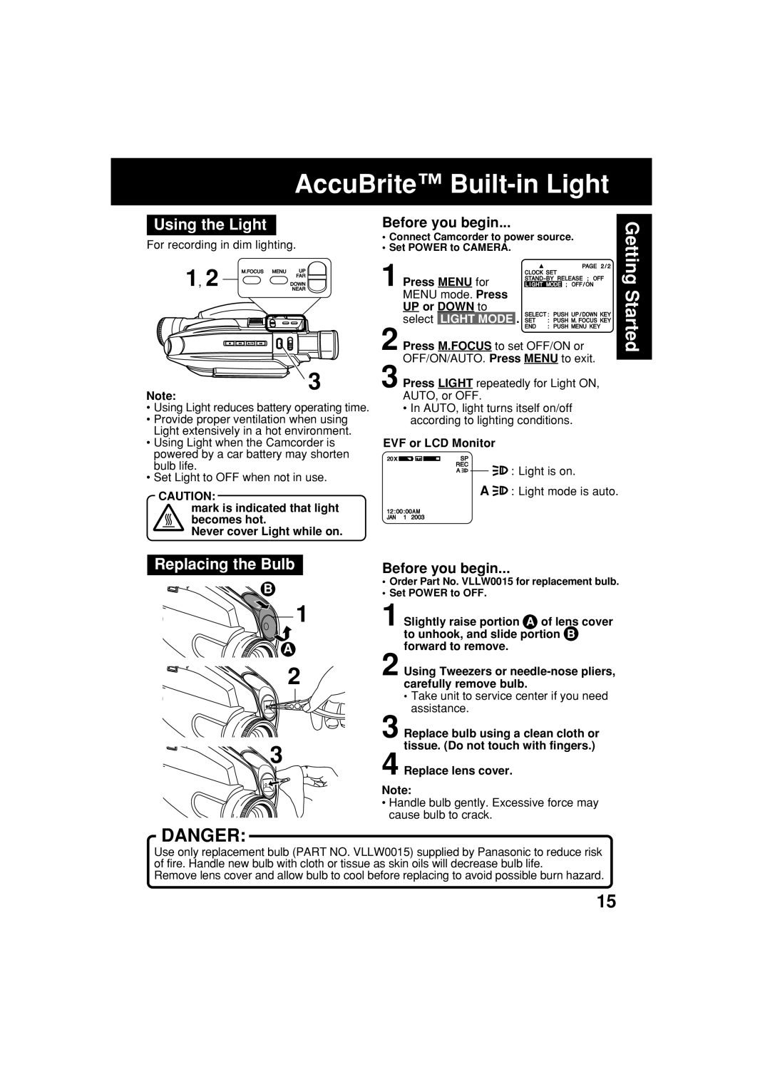 Panasonic VM-L153 operating instructions AccuBrite Built-in Light, Using the Light, Replacing the Bulb 