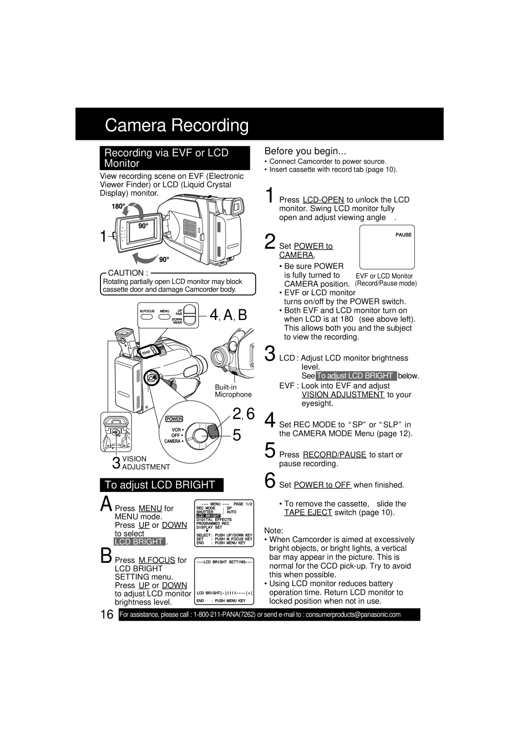 Panasonic VM-L153 operating instructions Camera Recording, Recording via EVF or LCD Monitor, To adjust LCD Bright 