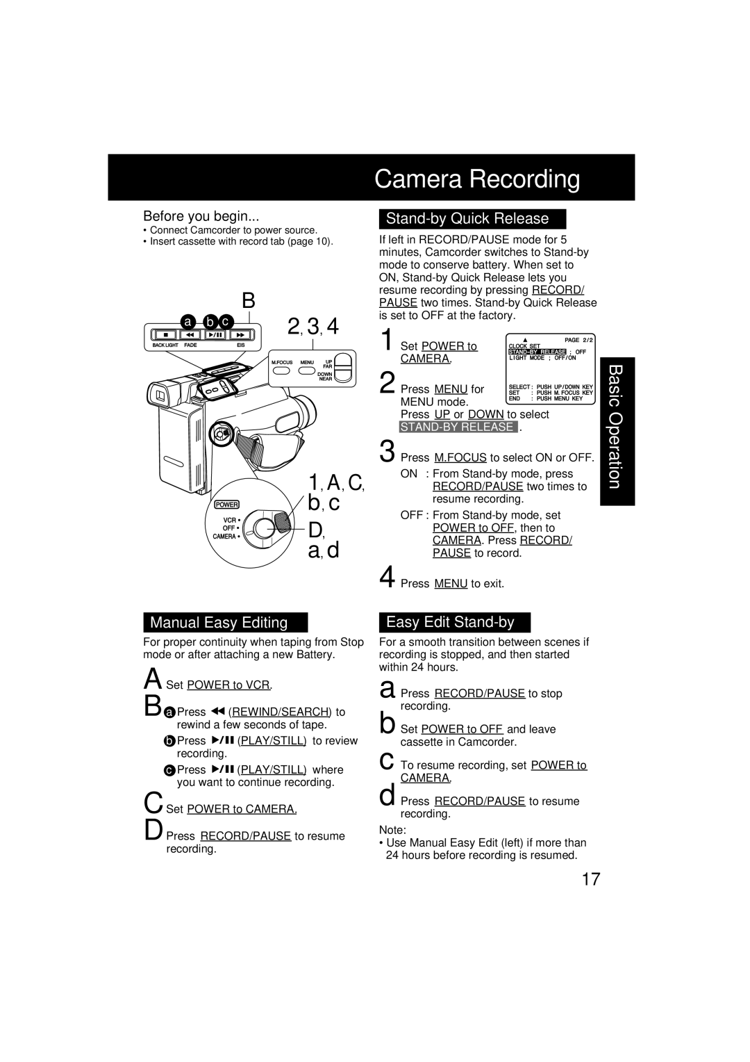 Panasonic VM-L153 operating instructions Stand-by Quick Release, Manual Easy Editing, Easy Edit Stand-by, STAND-BY Release 