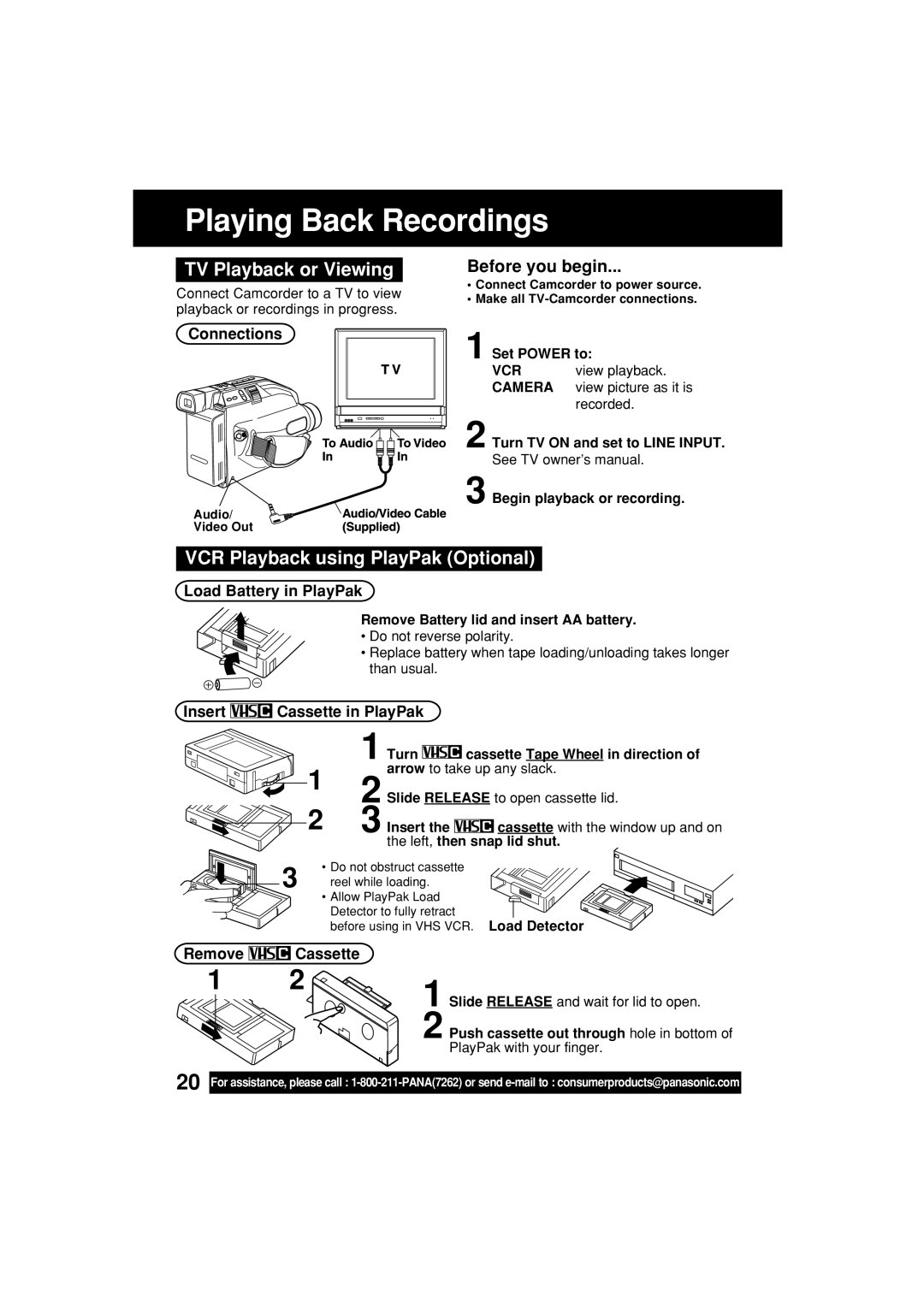Panasonic VM-L153 operating instructions TV Playback or Viewing, VCR Playback using PlayPak Optional 
