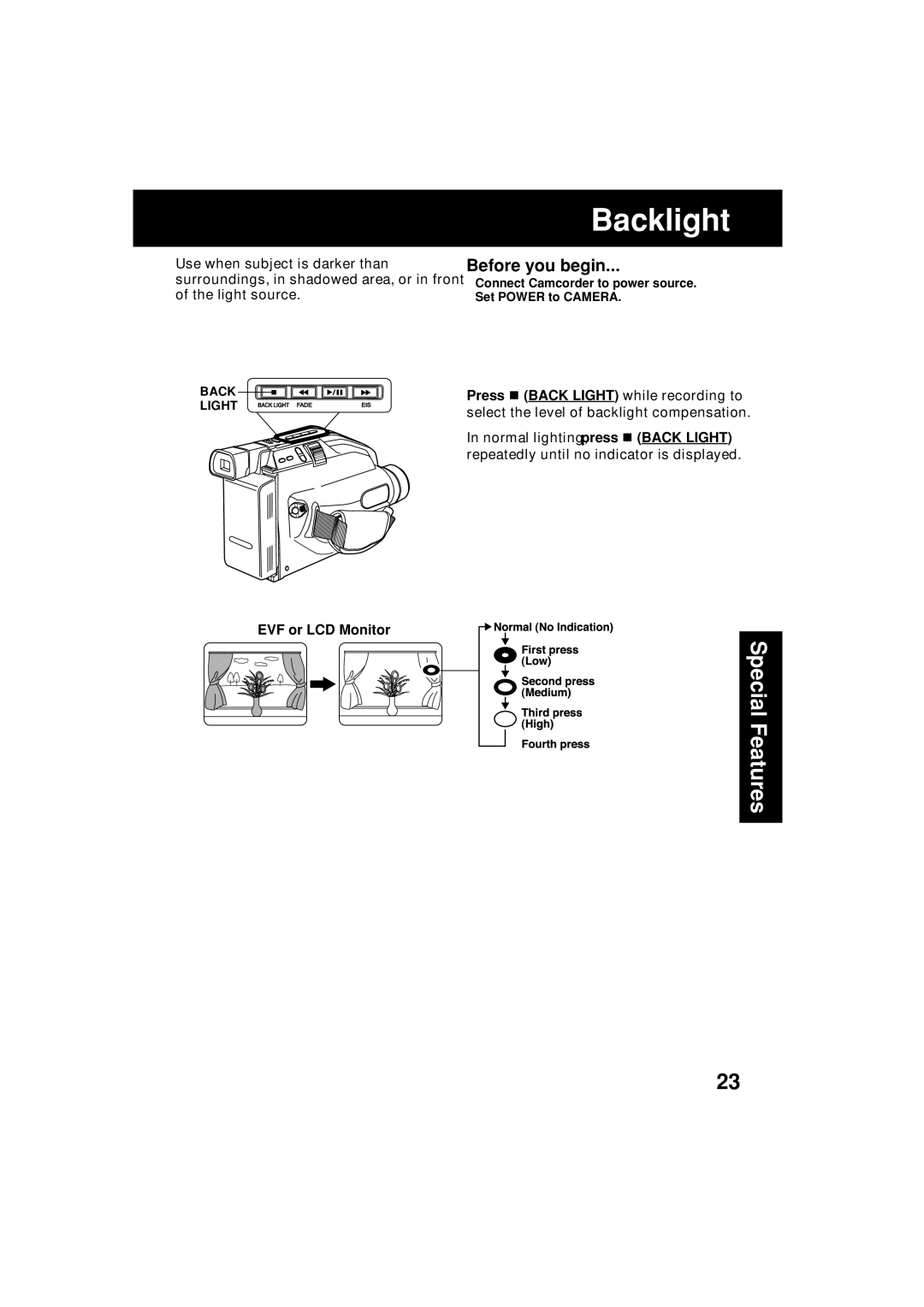 Panasonic VM-L153 operating instructions Backlight, EVF or LCD Monitor 