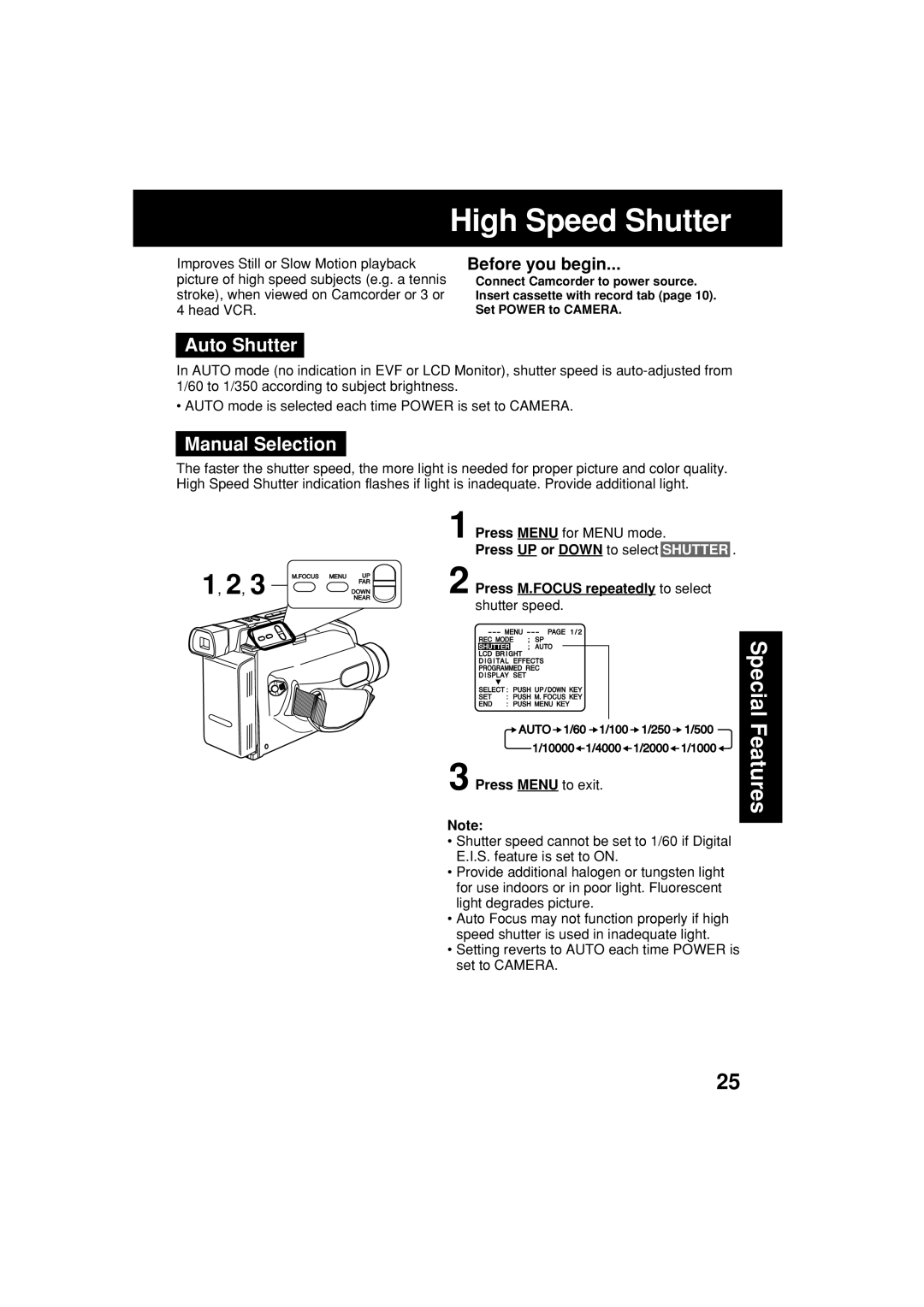 Panasonic VM-L153 High Speed Shutter, Auto Shutter, Manual Selection, Press M.FOCUS repeatedly to select 