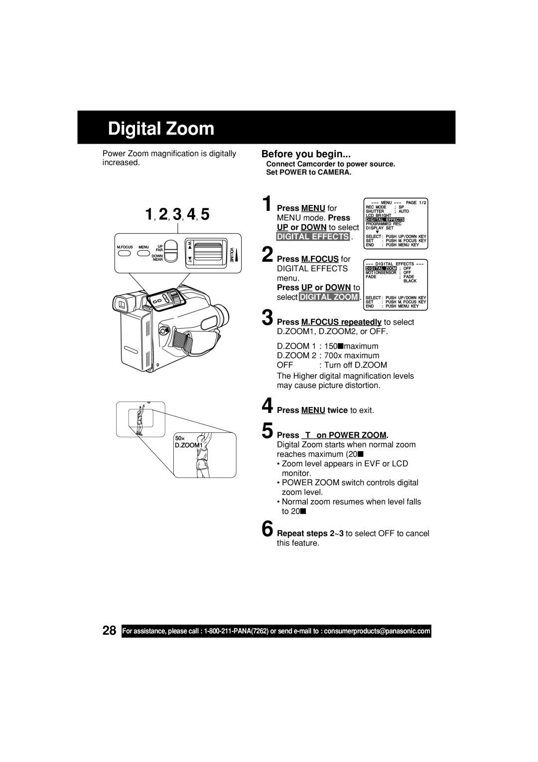 Panasonic VM-L153 operating instructions Digital Zoom, Press Menu for Menu mode. Press UP or Down to select 