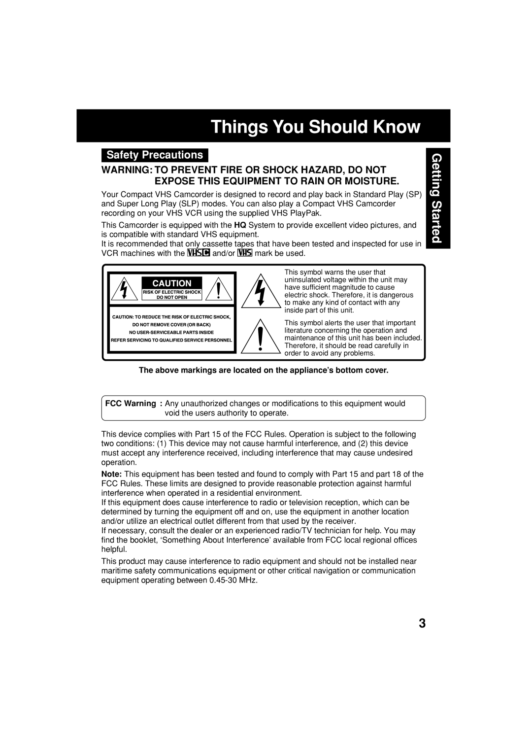 Panasonic VM-L153 operating instructions Safety Precautions, Above markings are located on the appliance’s bottom cover 