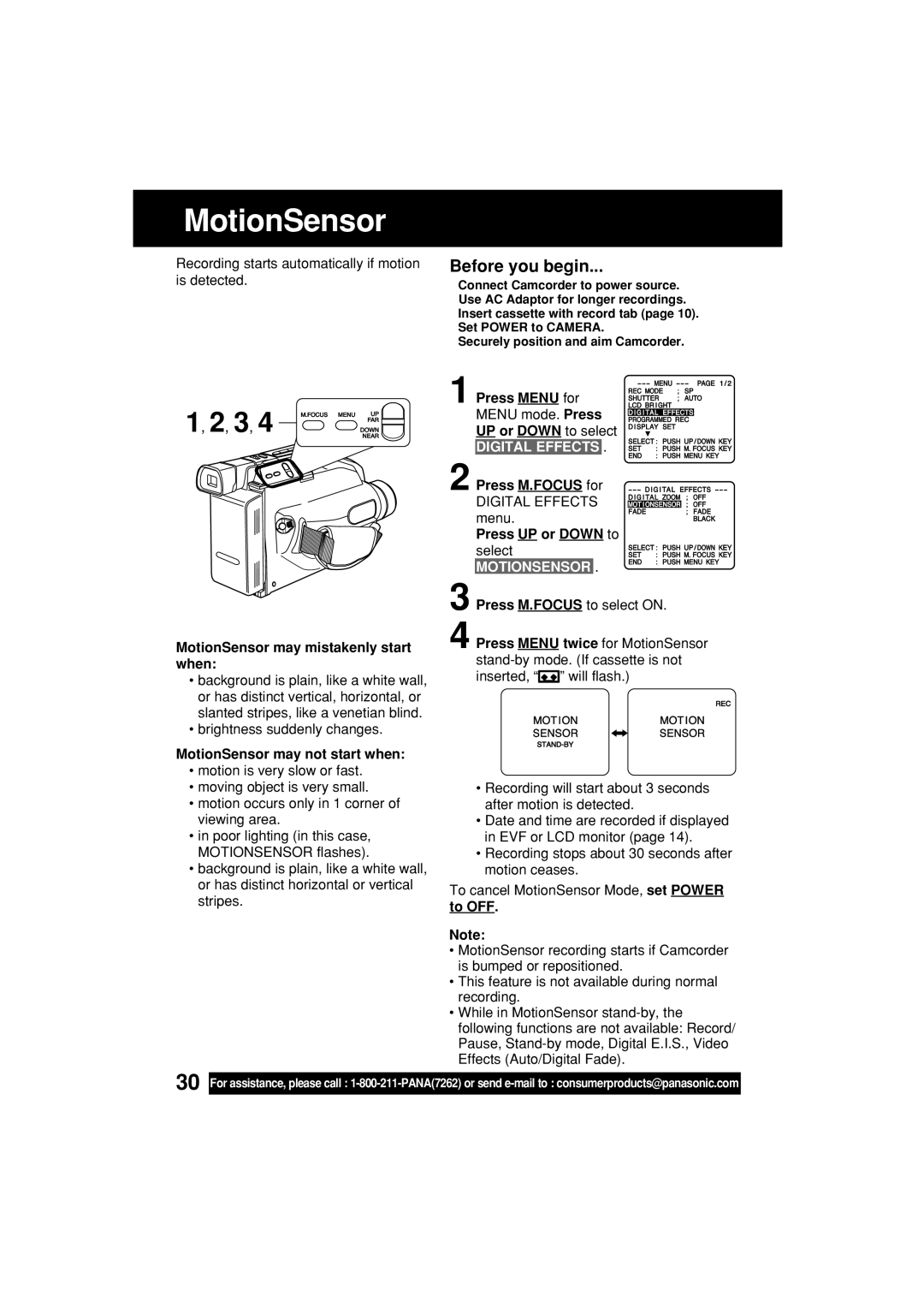 Panasonic VM-L153 MotionSensor may mistakenly start when, MotionSensor may not start when, Motionsensor 