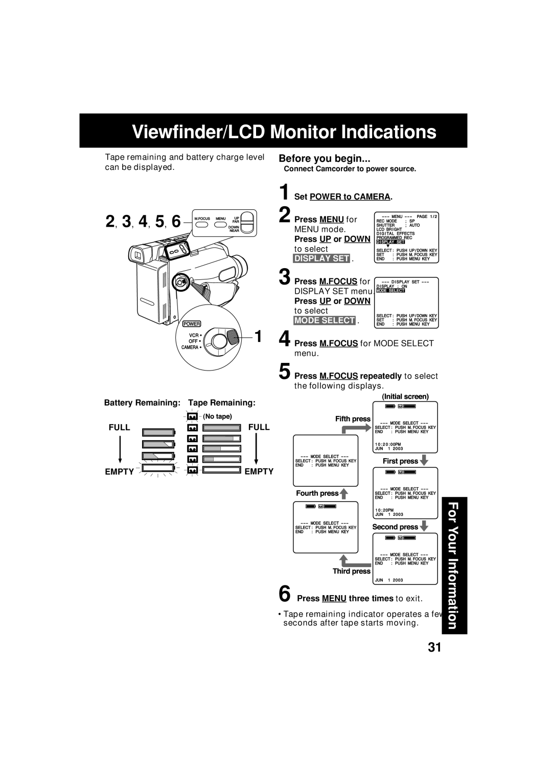 Panasonic VM-L153 Viewfinder/LCD Monitor Indications, Display SET, Mode Select, Full Full Empty Empty 