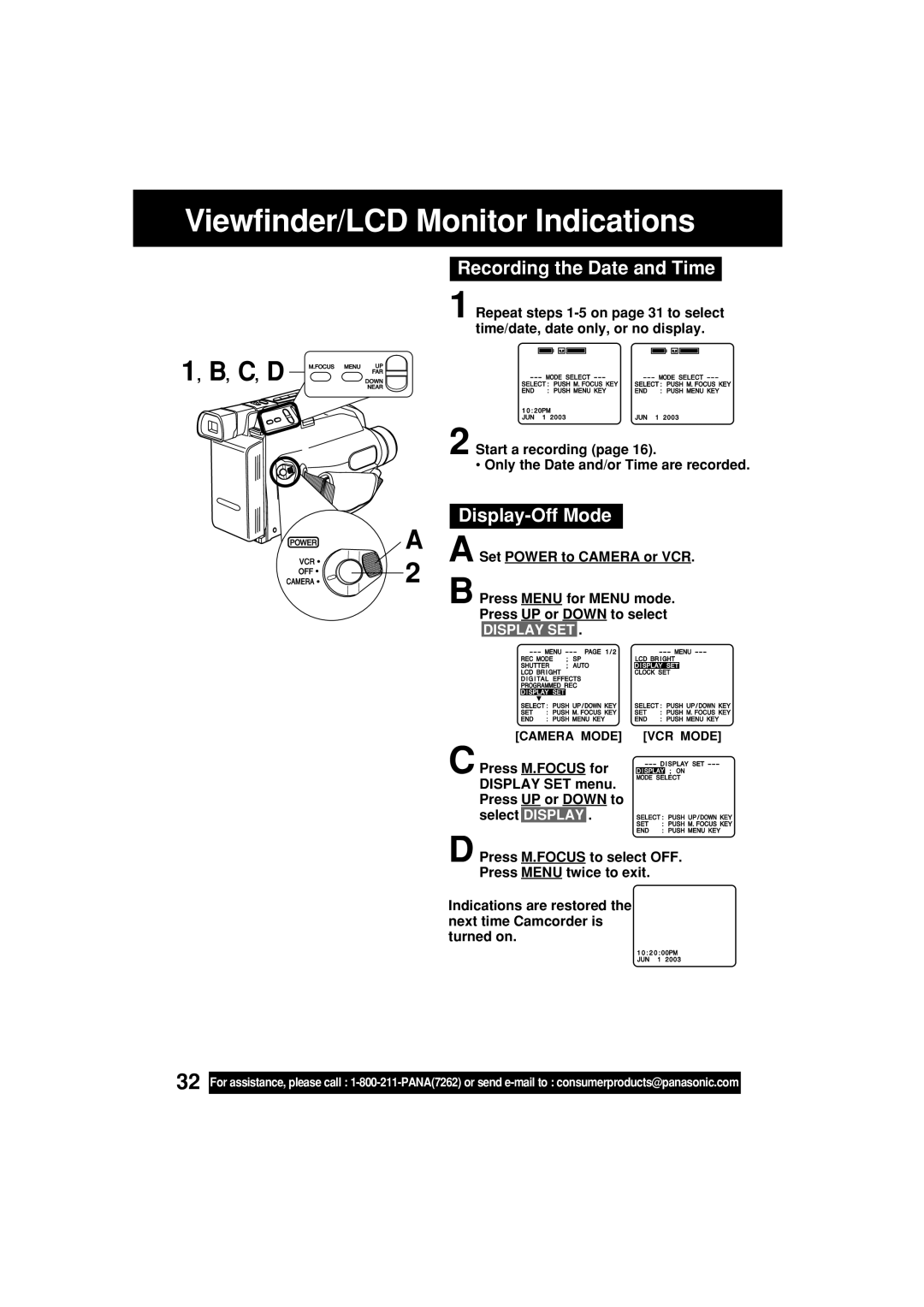 Panasonic VM-L153 operating instructions Recording the Date and Time, Display-Off Mode, Set Power to Camera or VCR 